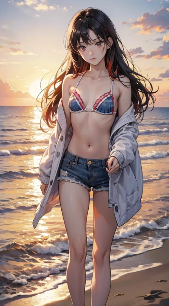 (Best Quality,4K,High resolution)，outside of house，the setting sun，Background，Standing on the beach，bare-legged，A refreshing morning，glimmering light，Fixing his gaze on the sea，Eyes looking into the distance，Look away，Cold eyes，stroll，Refreshing color quality,4K,High resolution), Delicately expressed illustrations with realistic details，the beach，kawaii，looking away from camera，Staring at the edge of the waves，Shoku，Long straight hair with red highlights on black hair，Delicately expressed clear eyes，sharp eye，see through cardigan，Bikini bra，denim short leg，Sunset background，穏やかな波とthe setting sun，人里離れたthe beachを歩く，End of summer，Summer melancholy，comic strip，animesque，Comical illustration，細部まで繊細に描かれたリアルなkawaiiイラスト，Lit up