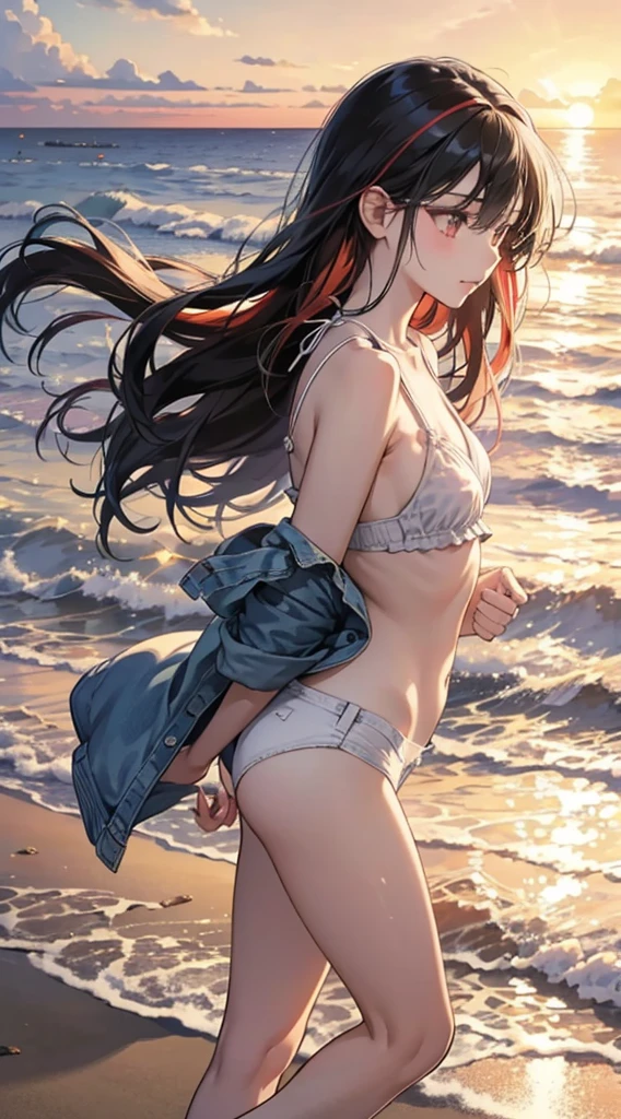 Girl taking off jeans, changing clothes, bikini, beach, sea, shade, sunlight, ((masterpiece)), best quality 16k, detailed, photo-like, realistic, blurred background, portrait,