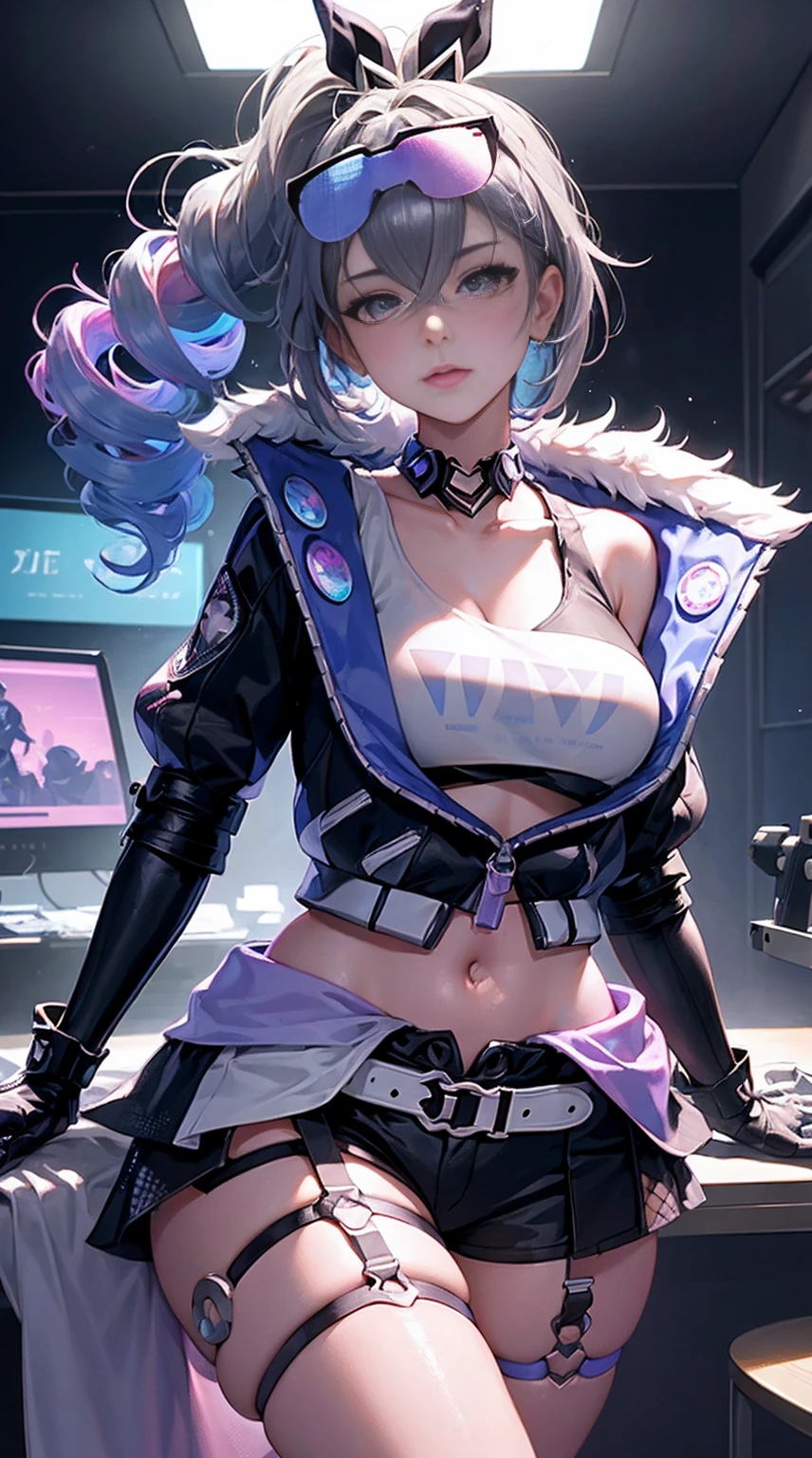 SilverWolfV4,(masutepiece:1.2), Best Quality, (Illustration:1.2), (Ultra-detailed),Eye focus,(Masterfully crafted Glow, pink lens flare), (Cinematic background),(((colourfull))), hyperdetails, (delicate detailed), (Intricate details), Octane Render, nffsw, (hyperdetails:1.15), (Soft light:1.2), 1girl in, Beautiful Girl, Ultra-detailed細目, Mature, Plump, Rainbow painting drops,(super model:1.3), made of paint, entirely paint, Splat, Splash, indoor luminous hair:1.1),(Glowing eyes), ((makeup)),(Cinematic Masterpiece), Fierce, Powerful, Splashes of colour absolutely eye-catching, (Cinematic headlight), ((Caustic)), Dynamic Angle, Beautiful detailed glow, Ambient Occlusion, ambient lights, Ray-traced reflective best illumination, extremely delicate and beautiful), ((Cinematic Light)), (Soft:2),  . colourfull glasses, gaming pixel, Retro style, Living arcade characters, Arcade-style world, gloves, Jacket, Full body, arma, Shorts, black gloves, black Jacket, gun, Drill Hair, black Shorts, eyewear on head, Bubble Blow, chewing gum