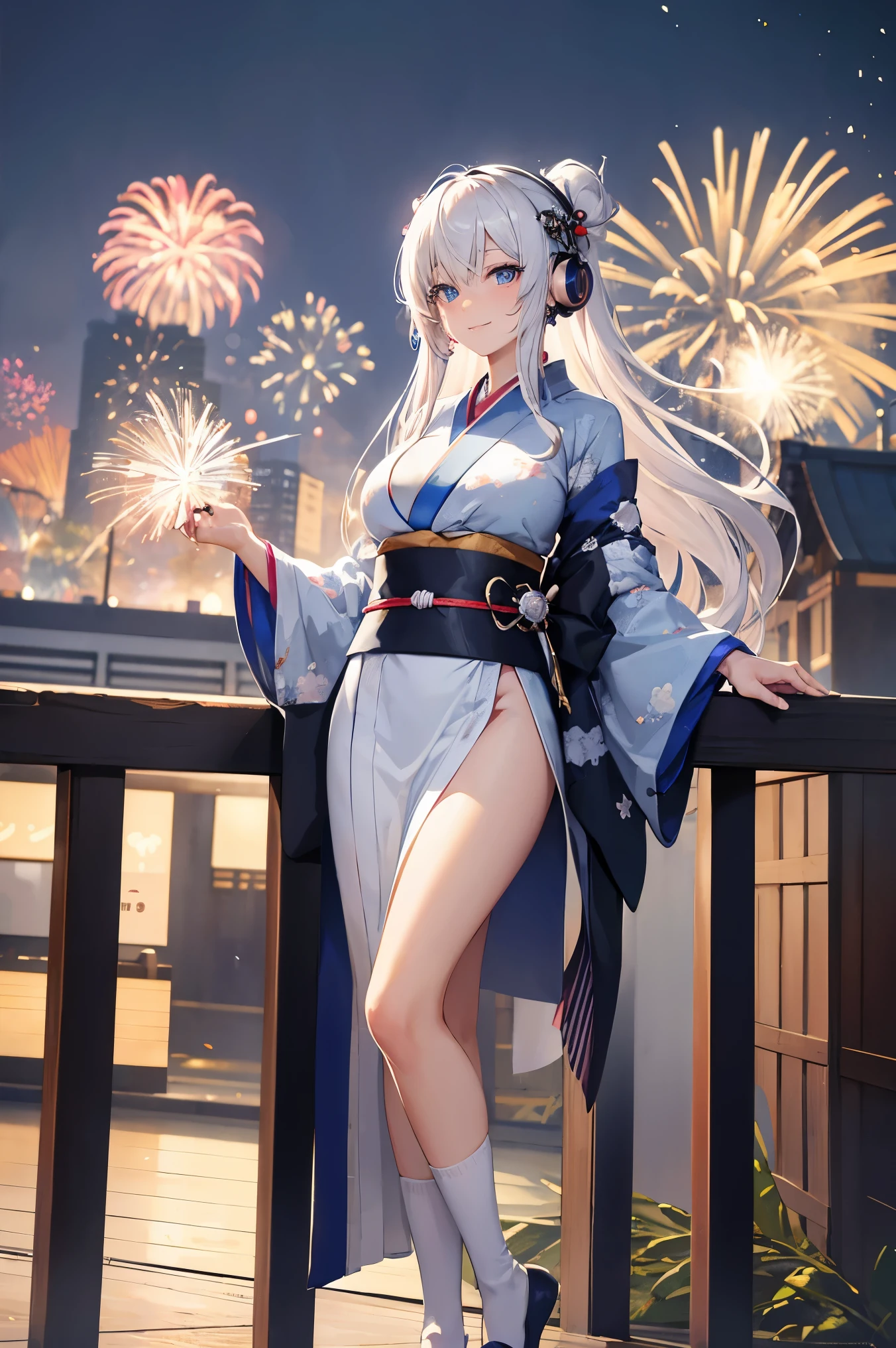 "anime girl, 1 person, silver white hair mixed with black, blue eyes, wearing headphones, women's kimono, same kimono, big breasts, holding cotton candy, long socks, standing cross-legged, shy smile, festival, New Year's Eve fireworks, watch fireworks, solo(full HD Image 4K+)"