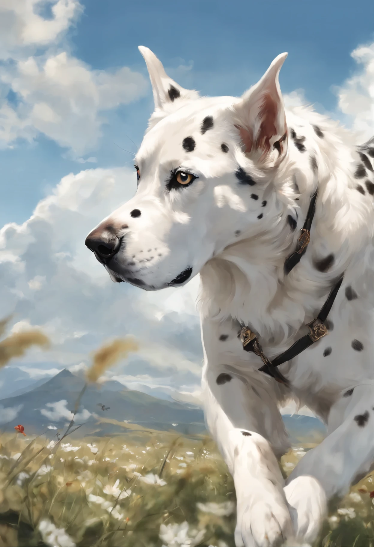 close-up of a dog of the German breed DRG, merle color (white with black spots) runs to race with the clouds, Great Dane runs to race against the clouds, fluffy clouds, casimir art, illustration of shigenori soejima, boris valejo. Smiling Great Dane dog, Detailed drawing of an anime character, подробный anime key figure, Granblue Fantasy, Beautiful owl in demon slayer art, Taisho Roman, A clear portrait of an RPG, Masamune Shiro, anime key figure