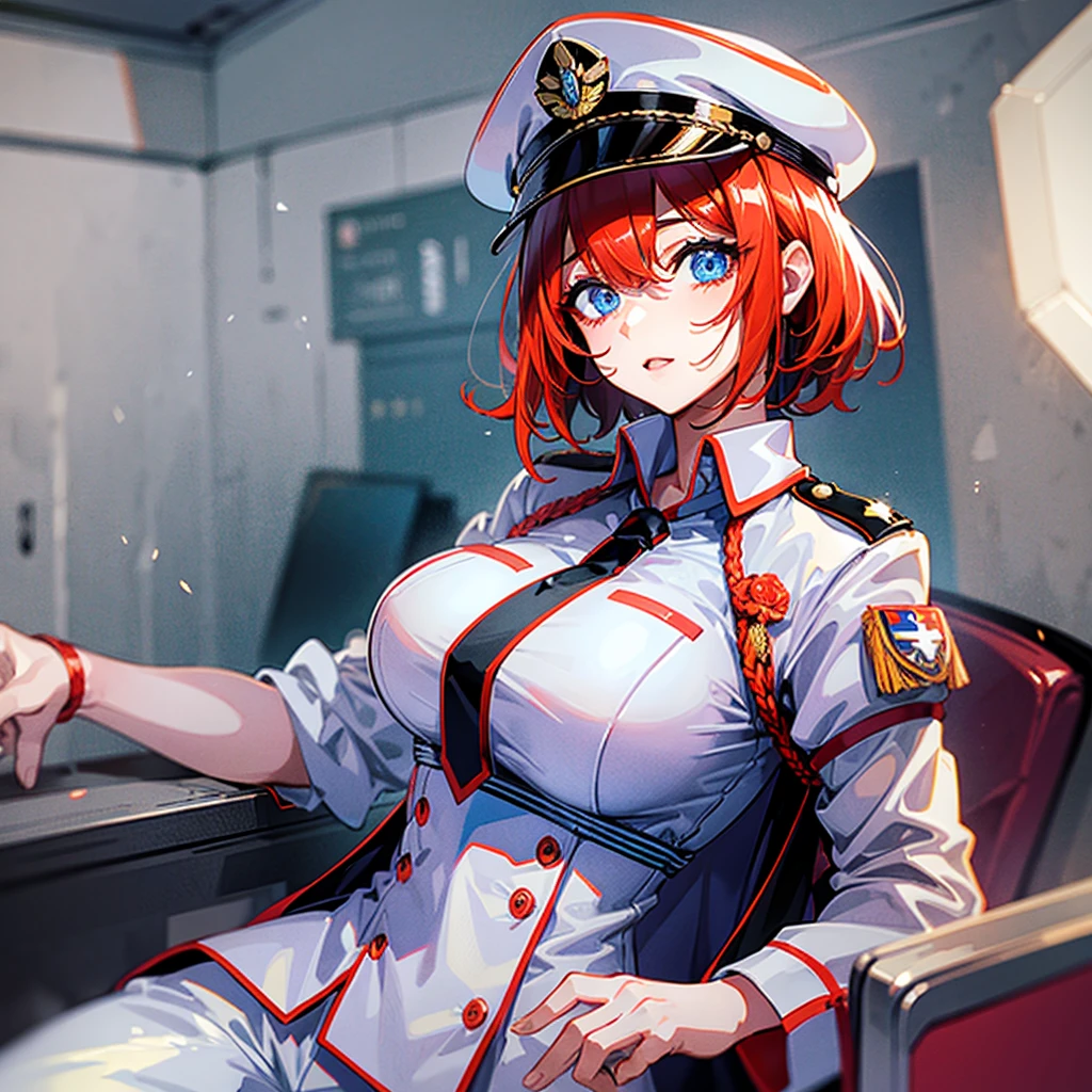 (((masterpiece)))、(((Top image quality)))、(((top-quality)))、(((highly detailed unity 8kwall-paper)))、(Illustration of one woman)、30-years old、(Viceroy)、((Red-haired shorthair))、(Thin hair hanging down both sides of the face)、Blue eyes、((Tall))、((Muscle Woman、stocky build、muscular legs、broad shoulders、solid chest))、((Military uniforms))、((Military Cap))、((Military coat))、(white clothes)、(White pants)、(White cap)、trench coat、((Inside the spaceship))