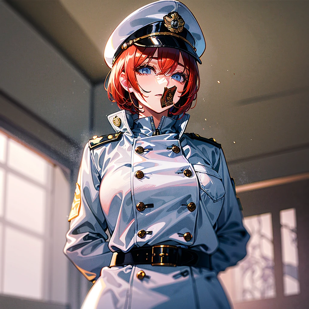 (((masterpiece)))、(((Top image quality)))、(((top-quality)))、(((highly detailed unity 8kwall-paper)))、(Illustration of one woman)、30-years old、(Viceroy)、((Red-haired shorthair))、(Thin hair hanging down both sides of the face)、Blue eyes、((Tall))、((Muscle Woman、stocky build、muscular legs、broad shoulders、solid chest))、((Military uniforms))、((Military Cap))、((Military coat))、(white clothes)、(White pants)、(White cap)、trench coat、((Inside the spaceship))