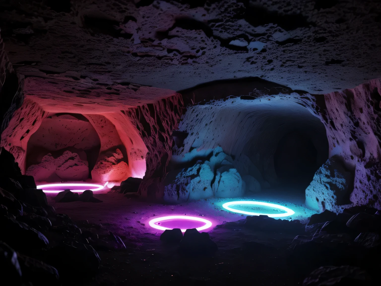 technological cave, neon lights, ultra realistic, caverna natural realista, LED