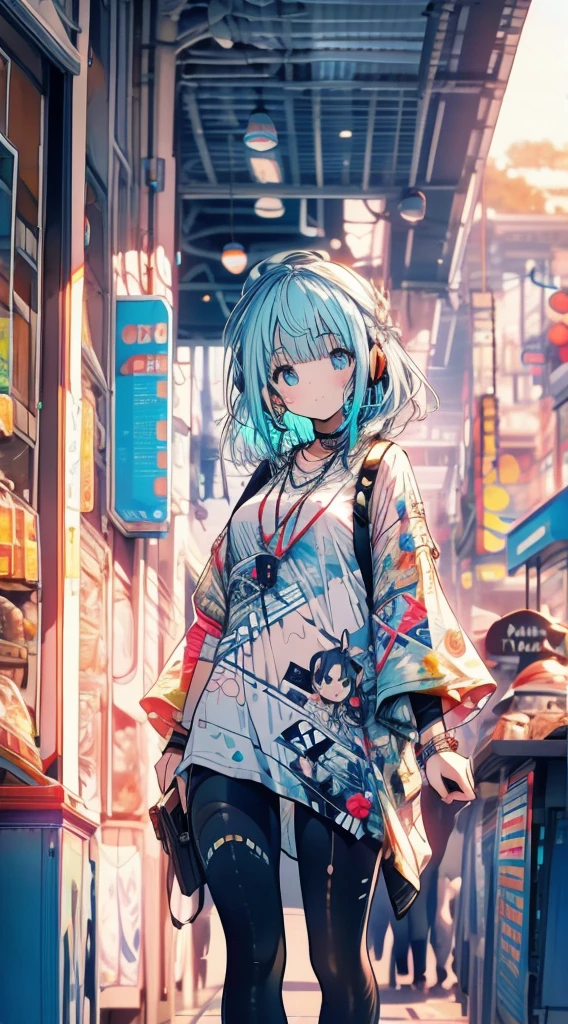 Fresh girl,listening to headphones,Standing in front of the café,blue hairs