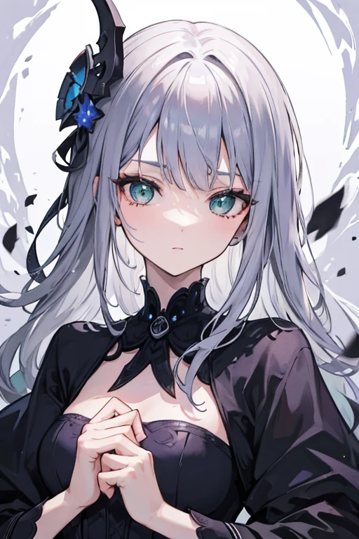 A silver haired female necromancer with green eyes is holding a skull in a gothic gown