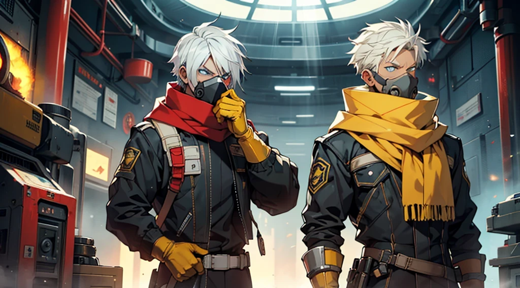 Man with white hair and blue eyes and a futuristic style yellow gas mask and a lot of smoke coming out and a red scarf and a golden arcane costume futuristic style and yellow gloves and very angry throwing fireballs and a background of playing cards with rays