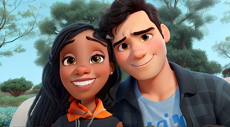 Um casal estilo pixar, juntos uma negra um homem branco. jovens