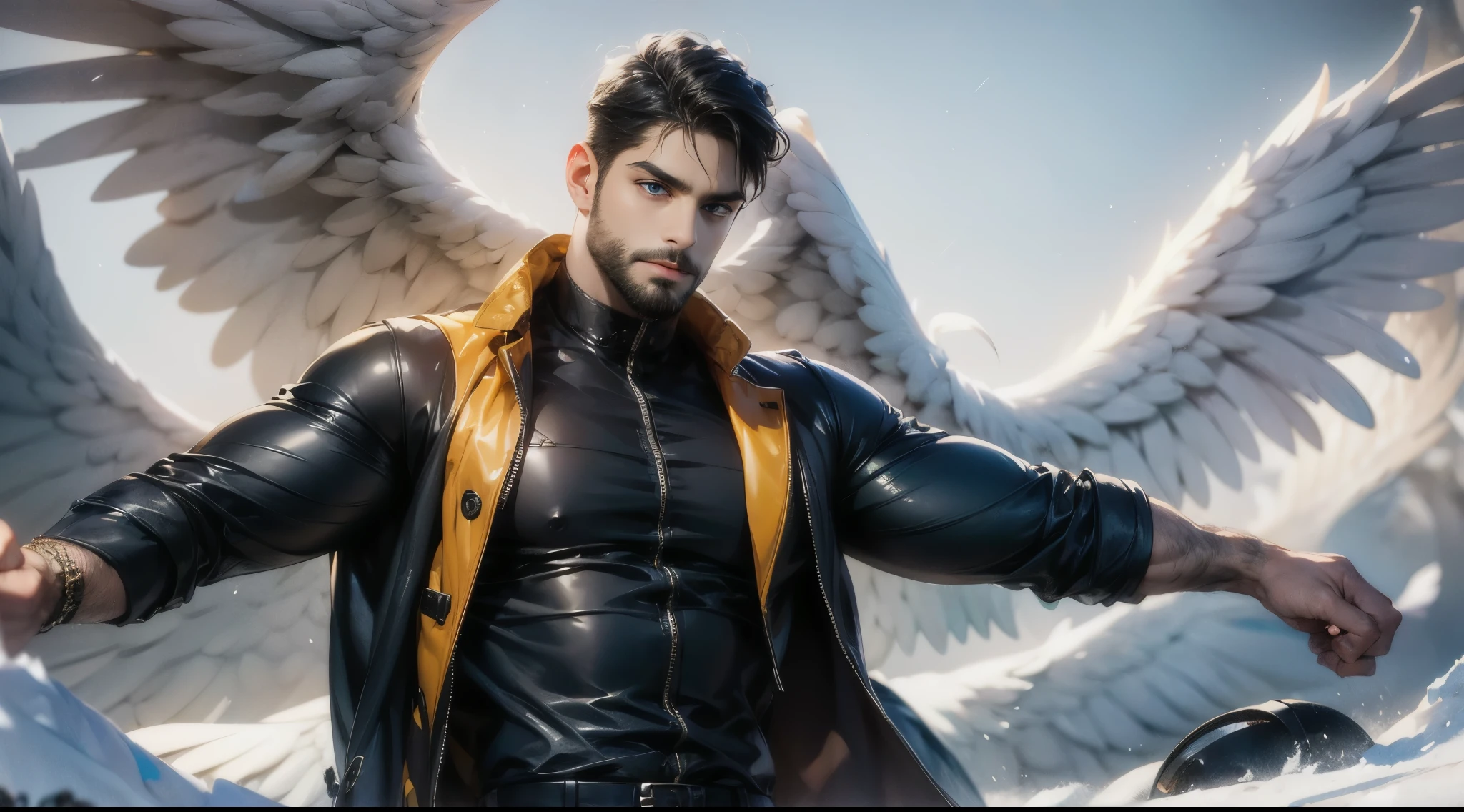 (best quality,ultra-detailed,realistic:1.37), Daegan Tronos Character(1), handsome, dark skin, dark-tanned, perfect wings angel, symmetrical wings,blue eyes,small beard, medium-long haircut,casual outfit, yellow(coyote) jacket, long plaid shirt, trench coat, attractive, winter snow, tactical outfit, badasses punch, battle posture, epic wallpaper.