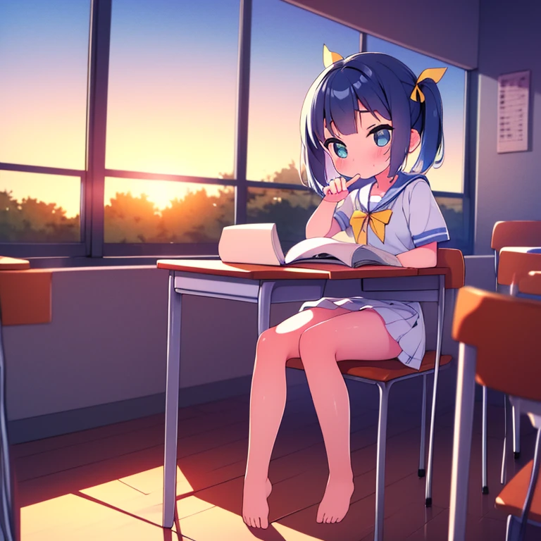 nude feet **** toddlercon holding book sunset classroom dark blue hair short hair twintails yellow hair ribbon