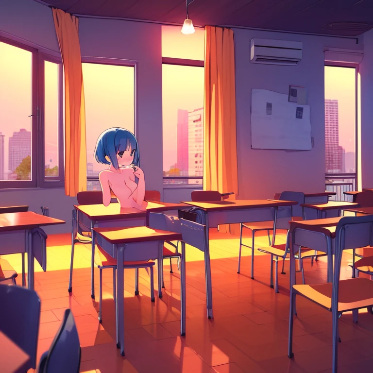 nude feet **** toddlercon holding book sunset classroom dark blue hair short hair twintails yellow hair ribbon