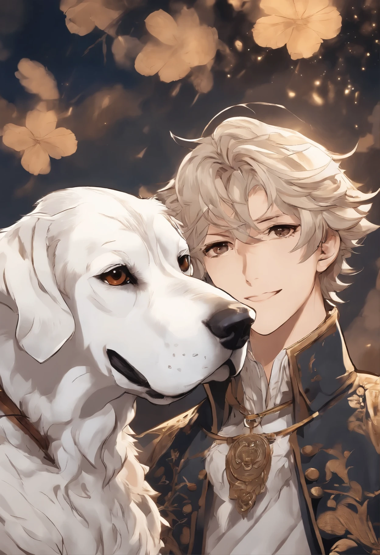 close-up of a dog of the German breed DRG, merle color (white with black spots) hugs a person, Great Dane walking on the clouds with a man, fluffy clouds, casimir art, illustration of shigenori soejima, boris valejo. Smiling Great Dane dog, Detailed drawing of an anime character, подробный anime key figure, Granblue Fantasy, Beautiful owl in demon slayer art, Taisho Roman, A clear portrait of an RPG, Masamune Shiro, anime key figure