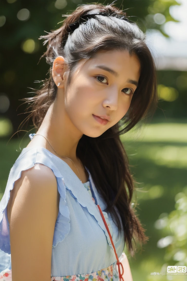 Beautiful girl wearing a collared summer dress、sixteen years old、japanes、Wheat-colored The skin、heavy wind、black hair mohawk、少し日焼けしたThe skin、Black、