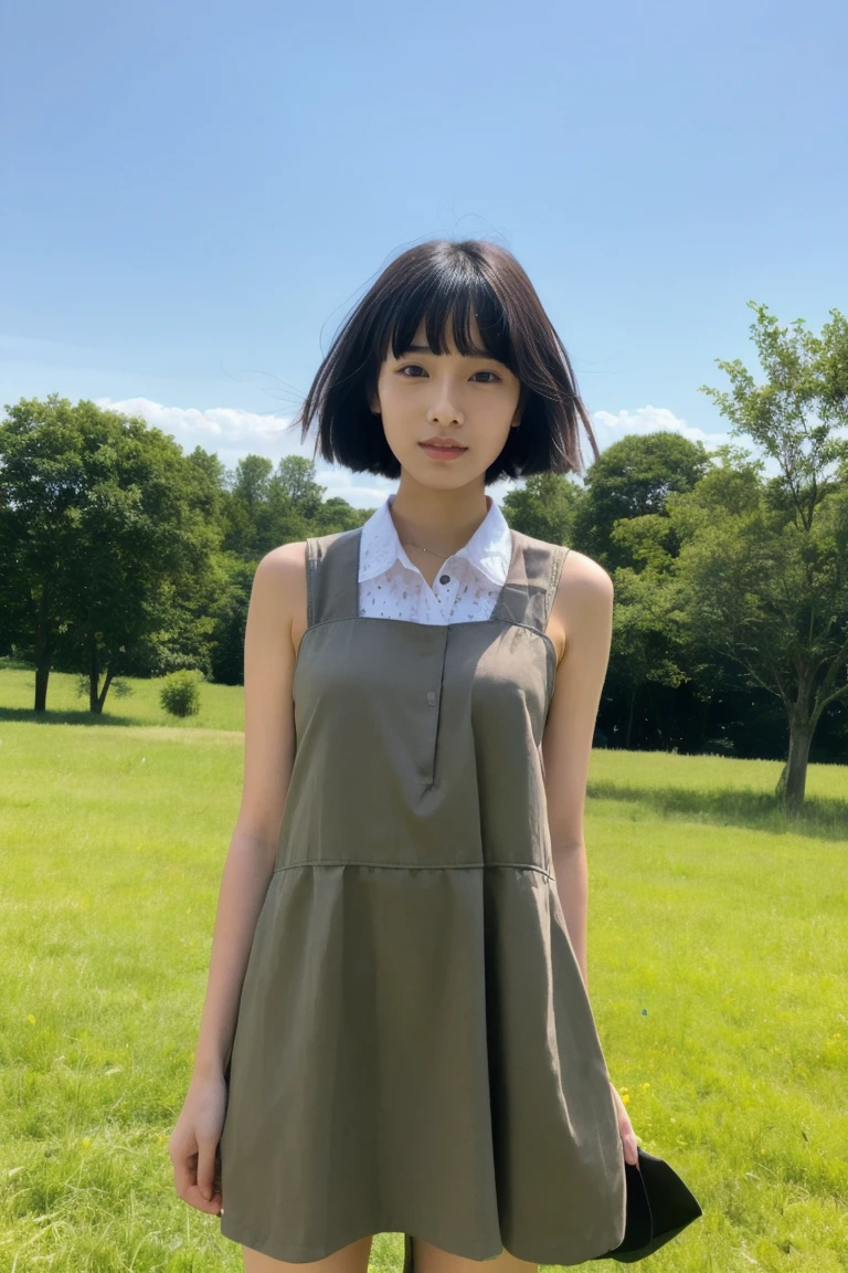 Beautiful girl wearing a collared summer dress、sixteen years old、japanes、Wheat-colored The skin、heavy wind、black hair mohawk、少し日焼けしたThe skin、Black、