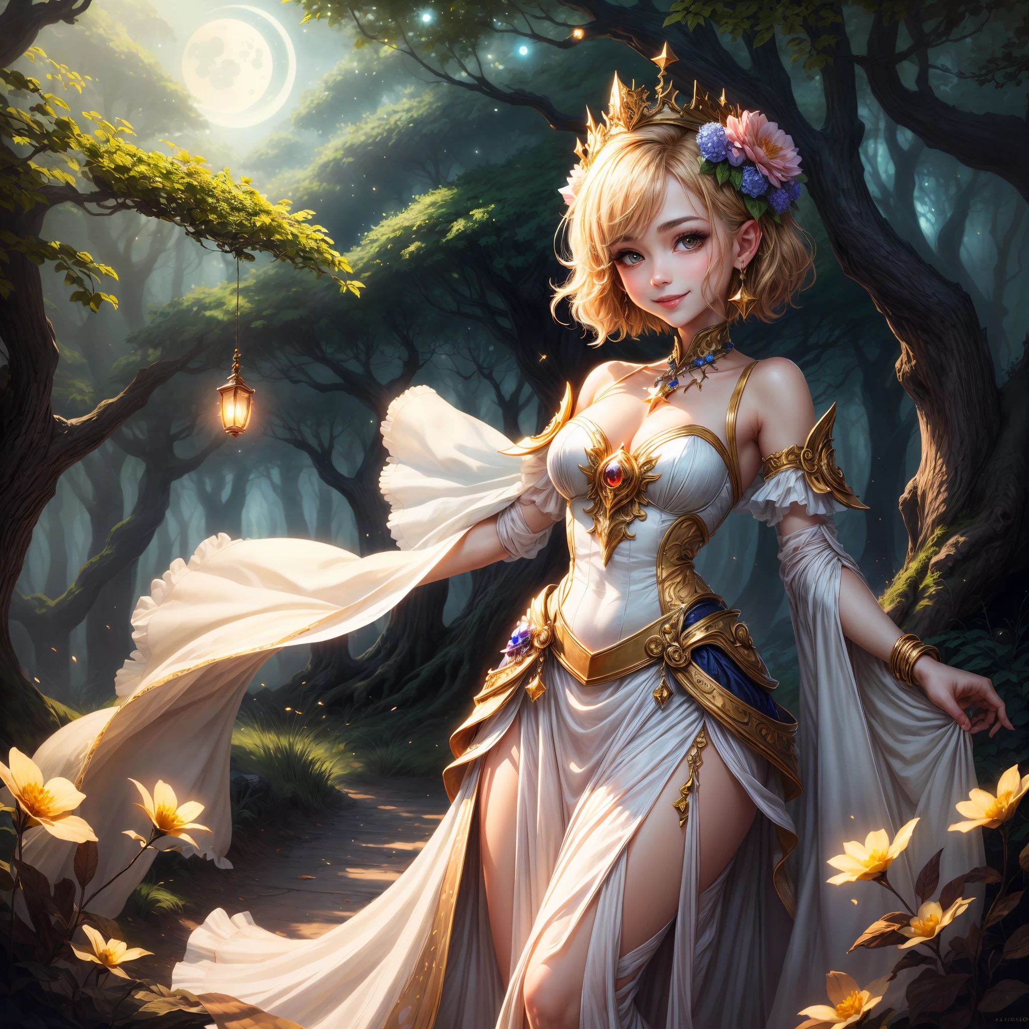 charming fairy, Enigmatic Atmosphere, peacful, ssmile, with short golden hair, Exquisite headdress, Gem earring, a white long skirt, Permanent, fantasy forest world, Colorful flowers, shining star, Soft moonlight