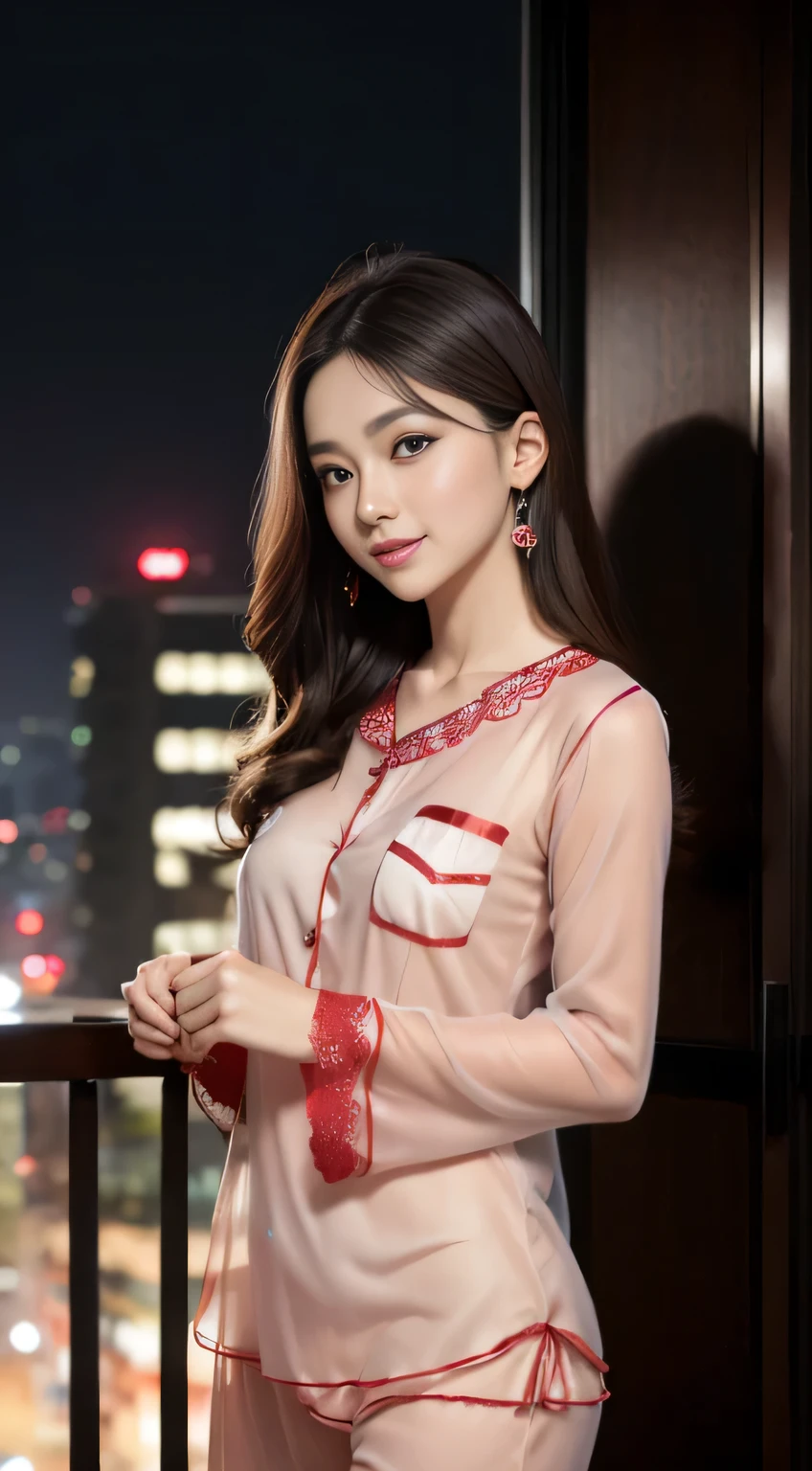 8K, tmasterpiece, RAW photogr, Best quality at best, realistically, extremely detaild的 CG unified 8k wallpapers, depth of fields, 电影灯光, lens flare glow, Ray traching, (Extremely beautiful face, beautifullips, pretty eyes), Complex and detailed face, ((Ultra-delicate skin)) 1 girl, In the darkness of the night, Depth shadows, Beautiful Asian Girls, idoly,(非常Slim、Slim、heavy muscular figure:1.3), ((looking at viewert)),(Hefty Smile:1.3), (looking over city, vague background), (dim murky lights, the roof, Terrazzo), beuaty girl, ear nipple ring, bangle, choker necklace, Clear  eyes, foot on foot , Front Shooting, (pale-skinned), Face forward, (Full body photo with big eyes)), ((黑色丝绸Lace)), ((Transparent red pajamas:1.3)), (Brown hair) (looking at viewert:1.3), (Lace), awas, medium, Shiny , (see through, Pink pajamas :1.3), Terrazzo
