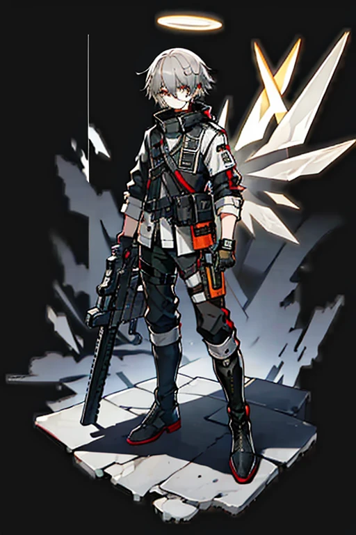 (masterpiece), best quality, solo, arknights design, arknights character, arknights style, arknights operator, toned body, Ash gray hair, white halo, sharp eyes, gray eyes, pale skin, medium height, dark, (vest, boots, pistol holster, pistol strap, combat knife), bangs between eyes, man, young man, boy, male, militant, holographic angular shaped wings, (ashes, black smoke from behind, black silence, night, dark background), orange yellowish lights, expressive eyes, grey eyes, ash grey hair, Pale white skin, short hair, no facial hair, white halo, (Tactical Jacket/Vest, Fitted Utility Pants, Combat Boots, Fingerless Gloves, Utility Belt, knife holster, Tactical Glasses/Goggles on neck), survival kit, handgun magazines, gun holster, Utility Pants, Natural Explorer, father like figure, strong