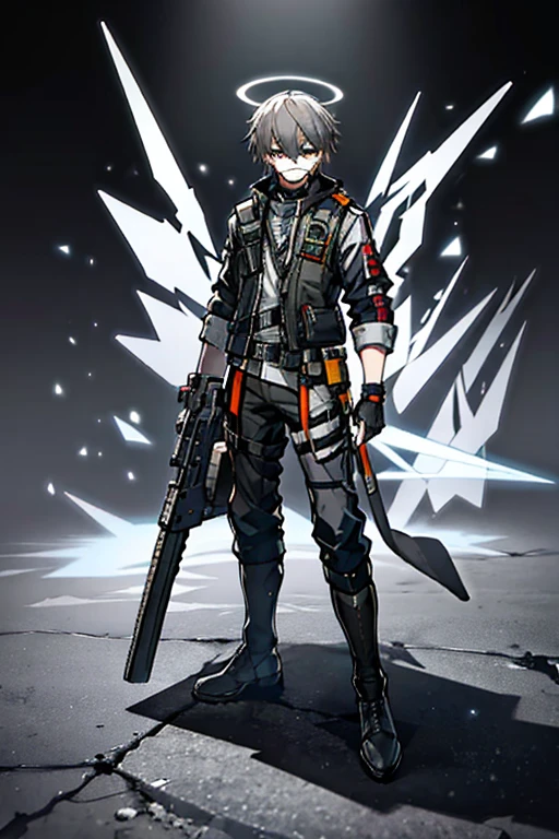 (masterpiece), best quality, solo, arknights design, arknights character, arknights style, arknights operator, toned body, Ash gray hair, white halo, sharp eyes, gray eyes, pale skin, medium height, dark, (vest, boots, pistol holster, pistol strap, combat knife), bangs between eyes, man, young man, boy, male, militant, holographic angular shaped wings, (ashes, black smoke from behind, black silence, night, dark background), orange yellowish lights, expressive eyes, grey eyes, ash grey hair, Pale white skin, short hair, no facial hair, white halo, (Tactical Jacket/Vest, Fitted Utility Pants, Combat Boots, Fingerless Gloves, Utility Belt, knife holster, Tactical Glasses/Goggles on neck), survival kit, handgun magazines, gun holster, Utility Pants, Natural Explorer, father like figure, strong