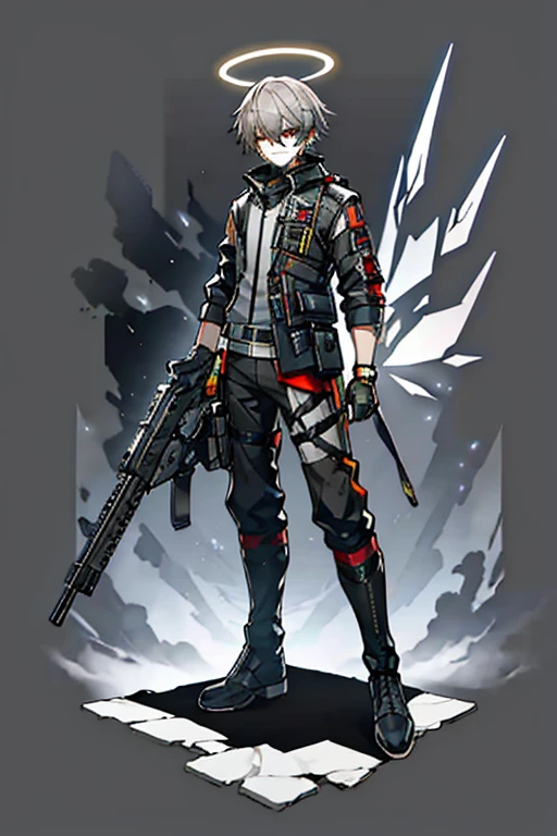 (masterpiece), best quality, solo, arknights design, arknights character, arknights style, arknights operator, toned body, Ash gray hair, white halo, sharp eyes, gray eyes, pale skin, medium height, dark, (vest, boots, pistol holster, pistol strap, combat knife), bangs between eyes, man, young man, boy, male, militant, holographic angular shaped wings, (ashes, black smoke from behind, black silence, night, dark background), orange yellowish lights, expressive eyes, grey eyes, ash grey hair, Pale white skin, short hair, no facial hair, white halo, (Tactical Jacket/Vest, Fitted Utility Pants, Combat Boots, Fingerless Gloves, Utility Belt, knife holster, Tactical Glasses/Goggles on neck), survival kit, handgun magazines, gun holster, Utility Pants, Natural Explorer, father like figure, strong