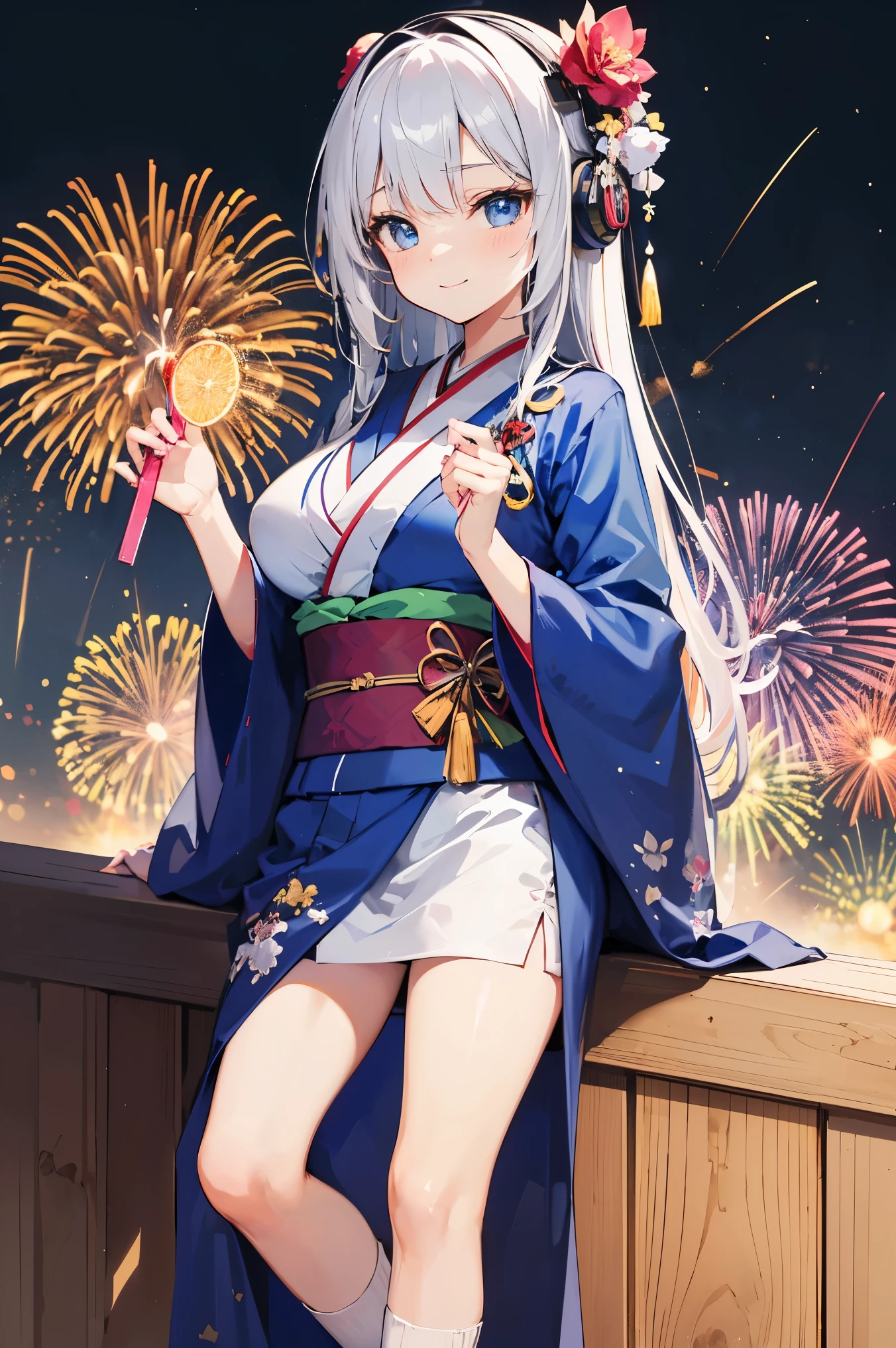 score_9, score_8_up, score_7_up, source_anime, 1girl, Alone, looking at viewer, large breasts, lipstick, Yukata,  kimono, print  kimono, japanese clothes, fireworks, aerial fireworks, ass support, from behind, brown eyes, Heart, night, night sky, festival, railing, arm support, smile, open mouth, bow, gold ship \(Uma Musume\), Horse ears, Long Hair,  Silver Hair,  Blue Ribbon, 