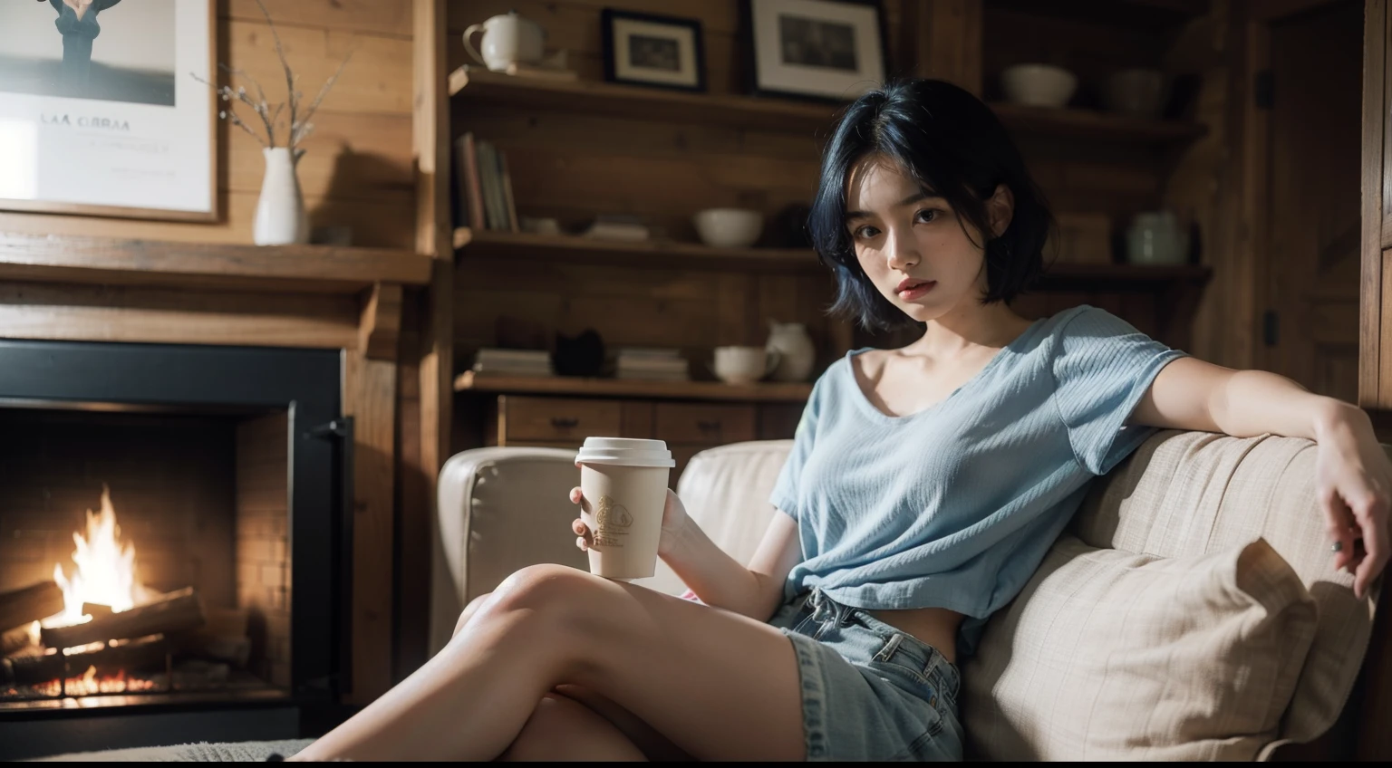 ((La mejor calidad)), ((Obra maestra)), (Detallado), Cara perfecta
((La mejor calidad)), ((Obra maestra)), (Detallado), beautiful blue haired girl listen music, sitting on a couch holding a cup of coffee, pretty girl, blue hair, short hair woman, living room with wooden walls and decorated like a cabin in the forest, sitting in front of the fireplace