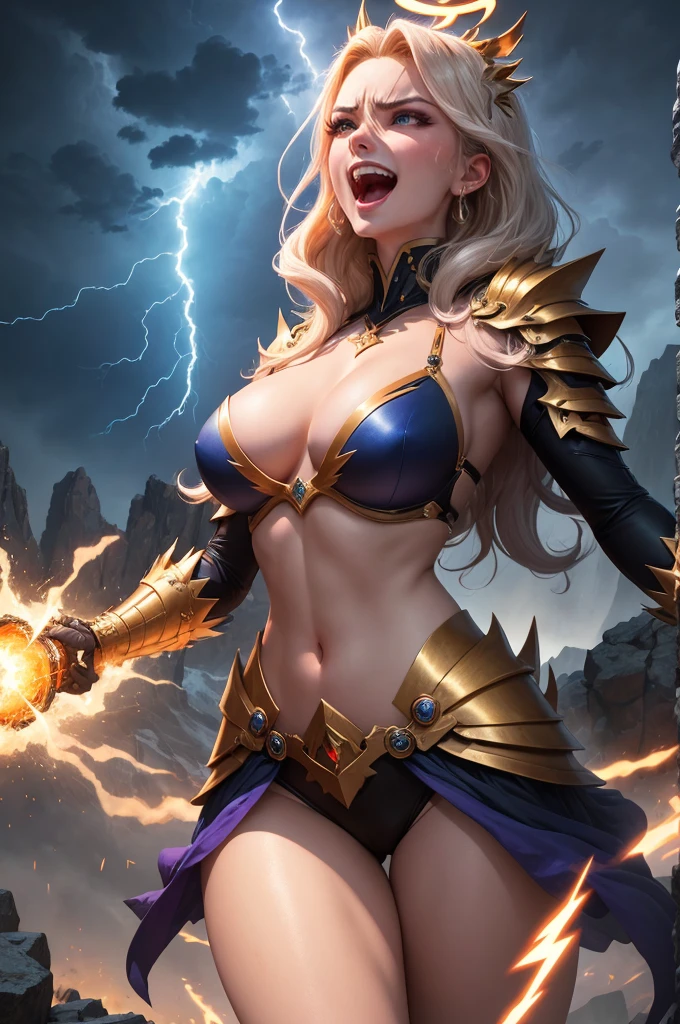 Atop a towering mountain, Laughing woman, the youthful and magnificent deity of lightning, unleashes her wrathful might. A tempest swirls around an explosive manifestation of her colossal power. Bolts of blue and golden lightning crackle across the sky, framing her in an electrifying spectacle. Her hair crackles with electricity, an incandescent halo around her, while her eyes shimmer with an intense brilliance. Adorned with angular, sharp-edged pieces of armor reminiscent of lightning's jagged forms, she embodies a ferocious and all-powerful presence. Each piece glistens with a blend of elegance and danger, mirroring her tempestuous nature. The heavens echo her furious display, emphasizing her dominance over the elements, the furious lightning deity, commands the mountaintop, a vision of unrivaled might and relentless power, intricate, (best quality, masterpiece, Representative work, official art, Professional, unity 8k wallpaper:1.3)