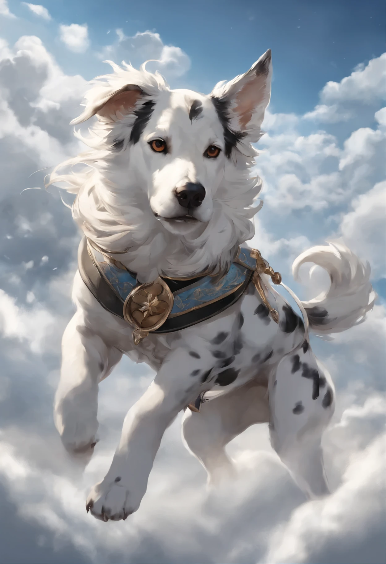 close-up of a dog of the German breed DRG, merle color (white with black spots) runs to race with the clouds, Great Dane runs to race against the clouds, fluffy clouds, casimir art, illustration of shigenori soejima, boris valejo. Smiling Great Dane dog, Detailed drawing of an anime character, подробный anime key figure, Granblue Fantasy, Beautiful owl in demon slayer art, Taisho Roman, A clear portrait of an RPG, Masamune Shiro, anime key figure