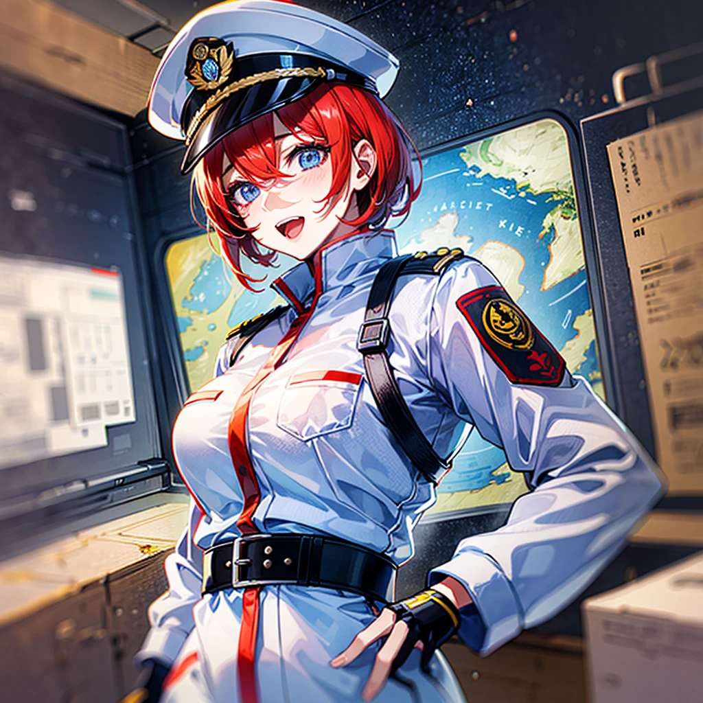 (((masterpiece)))、(((Top image quality)))、(((top-quality)))、(((highly detailed unity 8kwall-paper)))、(Illustration of one woman)、30-years old、(Viceroy)、((Red-haired shorthair))、(Thin hair hanging down both sides of the face)、Blue eyes、((Tall))、((Muscle Woman、stocky build、muscular legs、broad shoulders、solid chest))、((Military uniforms))、((Military Cap))、((Military coat))、(white clothes)、(White pants)、(White cap)、trench coat、((Inside the spaceship))、(The universe outside the window、Earth seen from space)