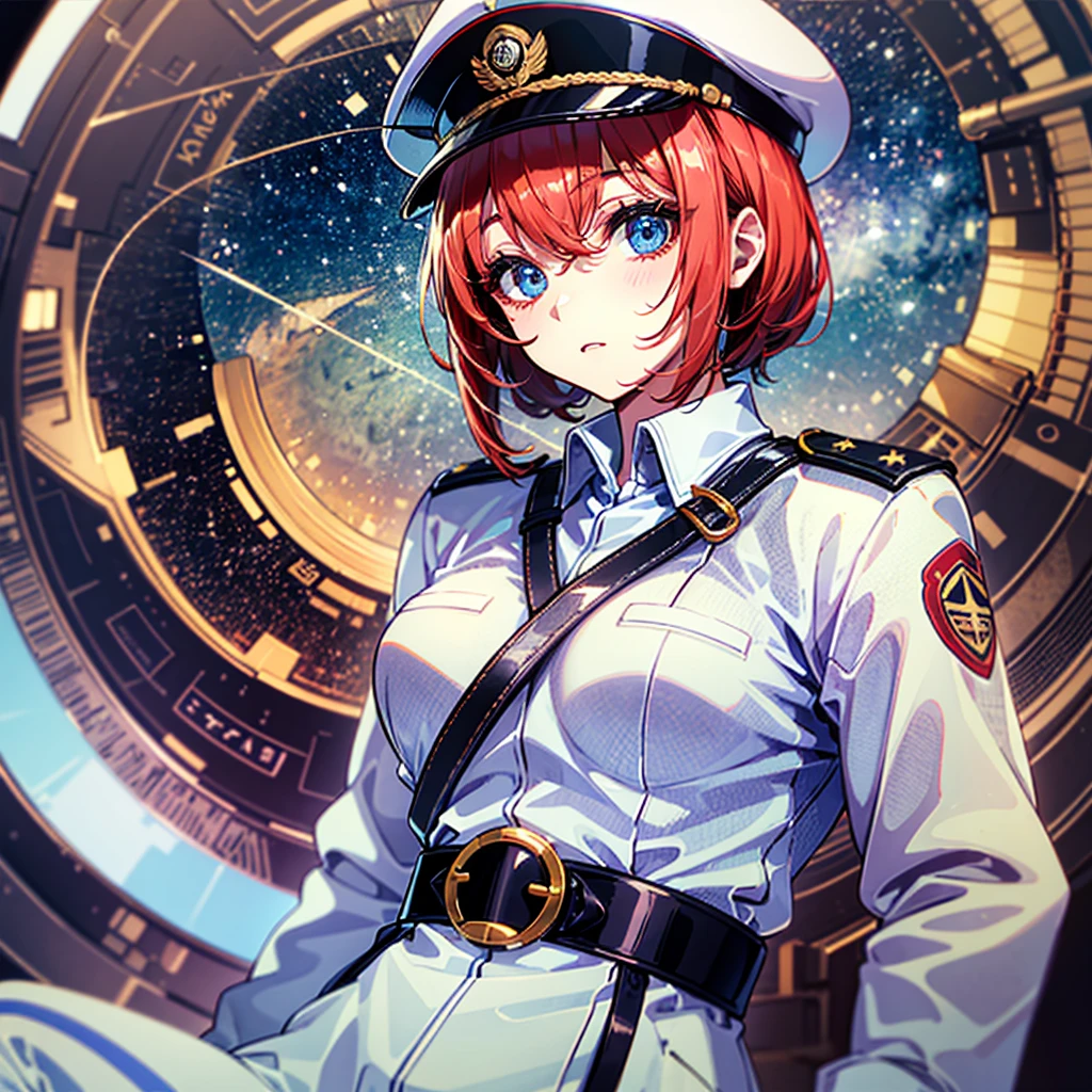 ((Masterpiece)), ((Highest Image Quality)), ((Best Quality)), (Illustration of One Girl), Full Body, 25 Years Old, Neutral, ((Freckles))), Orange Hair Ponytail, Yellow Eyes, (Tall Body)), Big, (Muscular Strong Body)), ((Muscular Strong Body)), (Military Uniform)), (Military Hat)), ((Army Coat)), (White Clothes), (White Pants), (White Hat), Trench Coat, ((Inside the Spacecraft)), (Outside the Window, Space, Earth as seen from space, Spaceport)