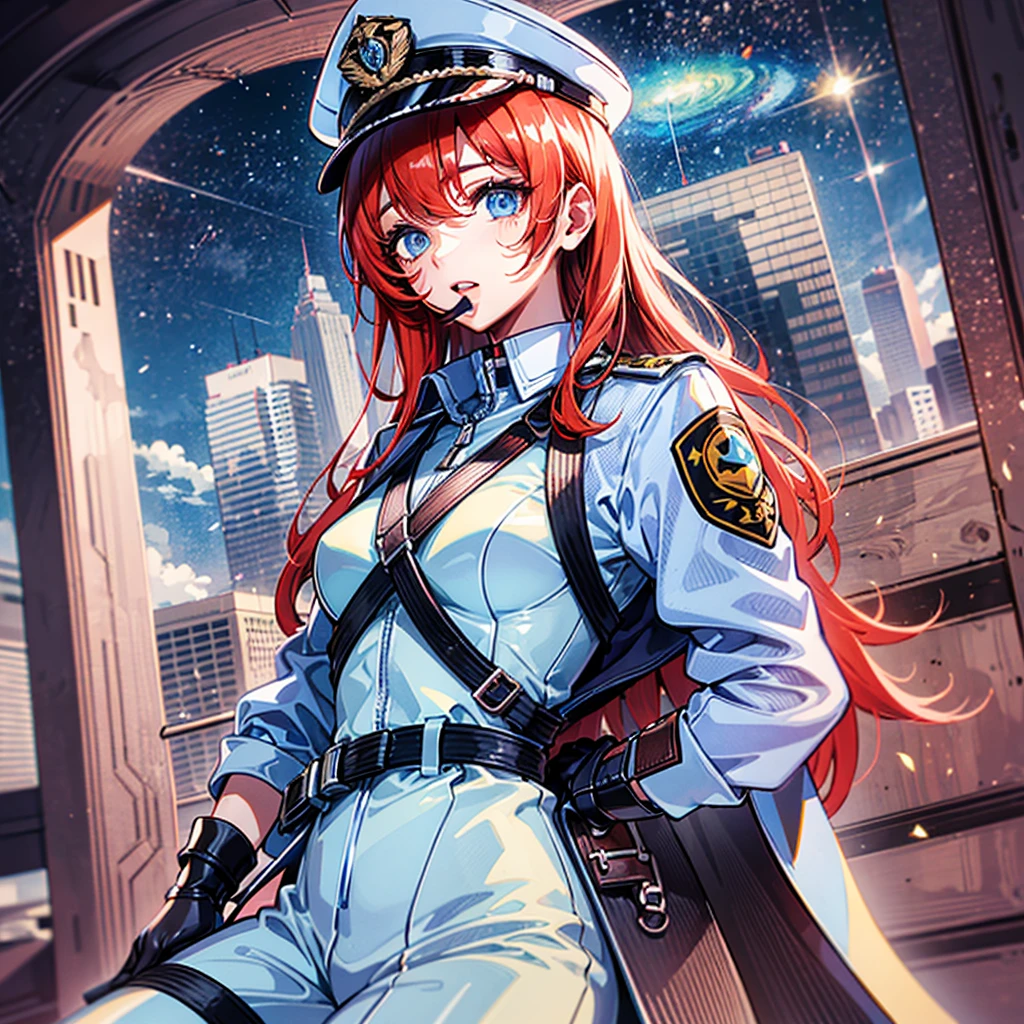 （（（​masterpiece）））、（（（Top image quality）））、（（（top-quality）））、（（（highly detailed unity 8ｋwall-paper）））、（Illustration of one woman）、30-years old、（Viceroy）、（（Red-haired shorthair））、（Thin hair hanging down both sides of the face）、Blue eyes、（（Tall））、（（Muscle Woman、stocky build、muscular legs、broad shoulders、solid chest））、（（Military uniforms））、（（Military Cap））、（（Military coat））、（white  clothes）、（White pants）、（White cap）、trench coat、（（Inside the spaceship））、（The universe outside the window、Earth seen from space）