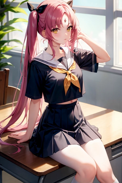 masterpiece, best quality, 1girl, solo, skirt, on desk, school uniform, long hair, pink hair, socks, desk, short sleeves, black socks, sitting, white shirt, blue skirt, shirt, pleated skirt, serafuku, kneehighs, shoes, bangs, sitting on desk, indoors, loafers, very long hair, looking at viewer, school desk, hair bow, closed mouth, bow, sailor collar, yellow eyes, midriff peek, miniskirt, collarbone, forehead mark, classroom, facial mark, neckerchief, blue sailor collar, window, blue bow, arm up, twintails, parted bangs, hair rings, brown footwear, black footwear, midriff, hair tubes, backlighting, sidelocks, hair ornament, sunlight