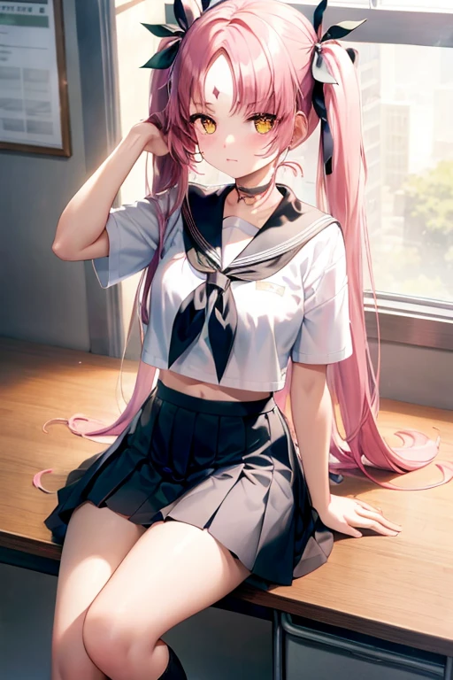 masterpiece, best quality, 1girl, solo, skirt, on desk, school uniform, long hair, pink hair, socks, desk, short sleeves, black socks, sitting, white shirt, blue skirt, shirt, pleated skirt, serafuku, kneehighs, shoes, bangs, sitting on desk, indoors, loafers, very long hair, looking at viewer, school desk, hair bow, closed mouth, bow, sailor collar, yellow eyes, midriff peek, miniskirt, collarbone, forehead mark, classroom, facial mark, neckerchief, blue sailor collar, window, blue bow, arm up, twintails, parted bangs, hair rings, brown footwear, black footwear, midriff, hair tubes, backlighting, sidelocks, hair ornament, sunlight