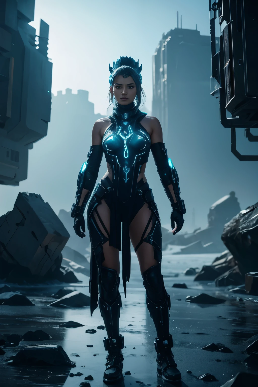 "In a desolate, icy landscape, a cybertechpunk humanoid woman stands tall and proud, their body covered in intricate bioluminescent tattoos that seem to come to life with every movement. These spheres tell the story of an ancient civilization's saga, a story that is now etched into this being's skin for eternity."