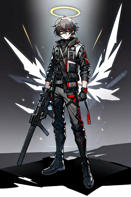 (masterpiece), best quality, solo, arknights design, arknights character, arknights style, arknights operator, toned body, Ash gray hair, white halo, sharp eyes, gray eyes, pale skin, medium height, dark, (vest, boots, pistol holster, pistol strap, combat knife), man, young man, boy, male, militant, holographic angular shaped wings, (ashes, black smoke from behind, black silence, night, dark background), orange yellowish lights, expressive eyes, grey eyes, ash grey hair, Pale white skin, (short hair, no facial hair, bangs), white halo, (Tactical Jacket/Vest, Fitted Utility Pants, Combat Boots, Fingerless Gloves, Utility Belt, knife holster, Tactical Glasses/Goggles on neck), survival kit, handgun magazines, gun holster, Utility Pants, Natural Explorer, menacing glare, menacing smile, glare, menacing stare