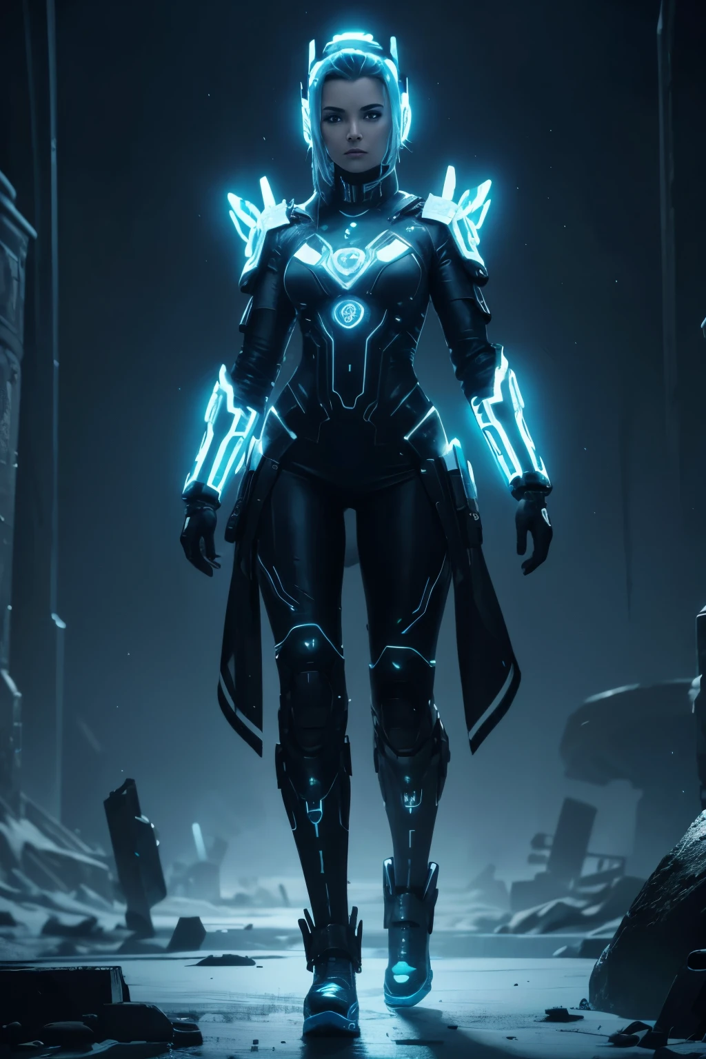 "In a desolate, icy landscape, a cybertechpunk humanoid woman stands tall and proud, their body covered in intricate bioluminescent tattoos that seem to come to life with every movement. These spheres tell the story of an ancient civilization's saga, a story that is now etched into this being's skin for eternity."