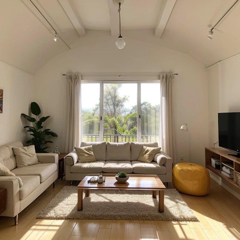 Sala de estar moderna e convidativa dentro de uma cabana, with double height and floor-to-ceiling window on one side. A cena noturna deve exalar aconchego, with soft lighting casting a warm glow from various lights and lamps over the plush white sofas, uma mesa baixa centralizada ao redor e uma lareira. The color of sofas should only be white and beige. Enfatize os elementos elegantes e estilosos do quarto, capturando o ambiente sereno de um retiro de cabine moderno durante uma noite tranquila.