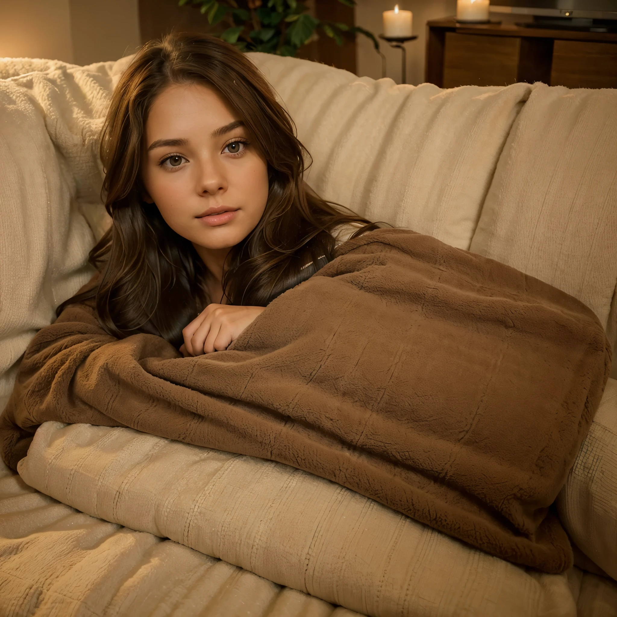 (brown hair,long hair,brunette girl), (cozy,comfortable),laying down on couch, (soft,cozy,warm) blanket, (relaxed,chill), (watching,streaming) series on tv, (calm,relaxed,peaceful,tranquil), (leisure,unwind,unwind),cozy warm colors, (soft,gentle) lighting