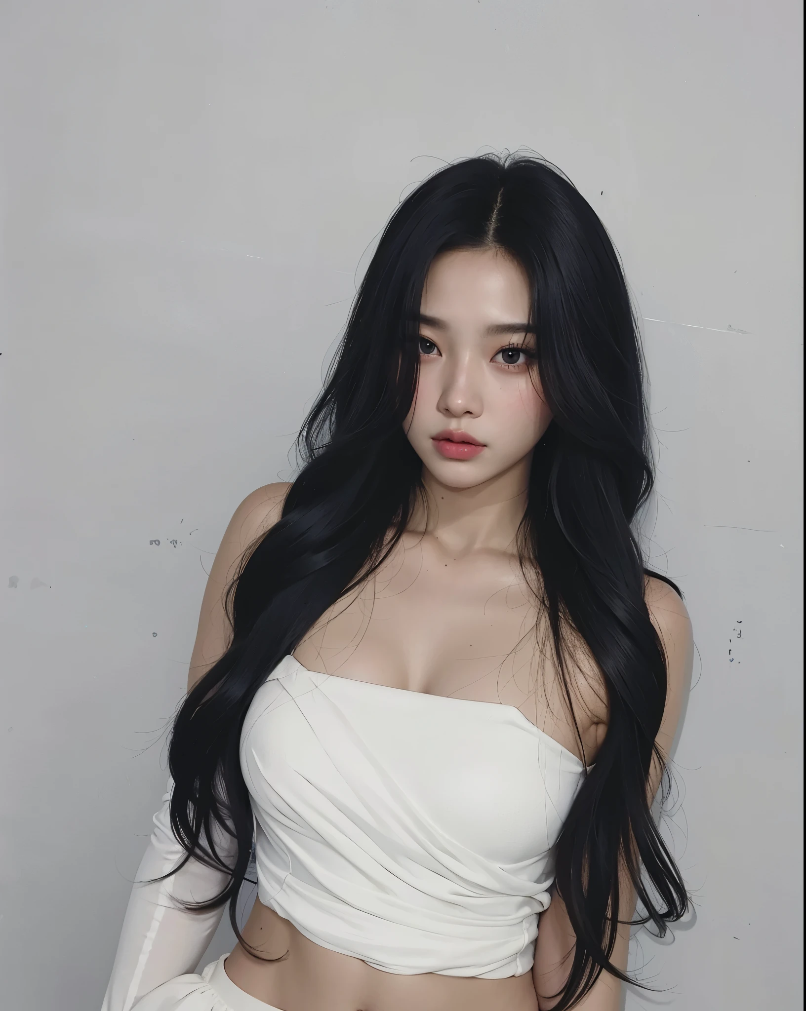 um close up de uma mulher com longos cabelos pretos usando um top branco, Ulzzang, cruel korean goth girl, Mulher sul-coreana bonita, coreana, jennie blackpink, Jinyoung Canela, whitebangscabelo negro, linda mulher coreana jovem, Jaeyeon Nam, mulher coreana jovem bonita, Retrato de Jossi de Blackpink, com cabelos longos, com cabelos longos brancos
