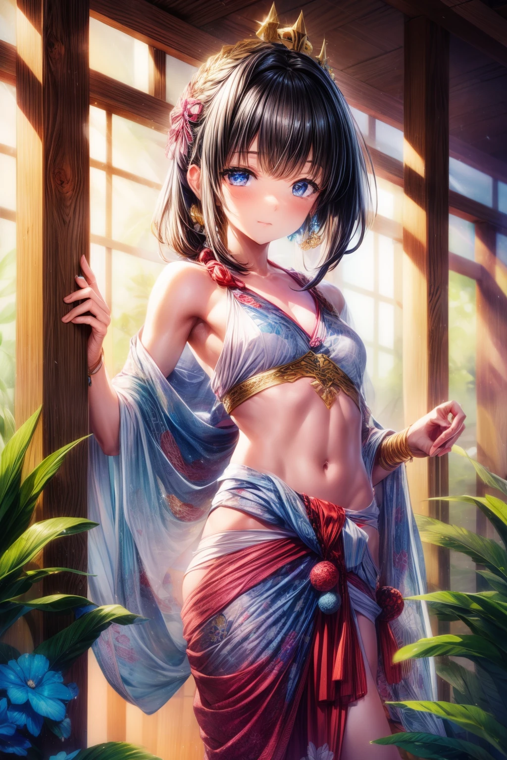 yamada thatu, Best quality at best, tmasterpiece, 1 girl, Alone, small, By bangs, hair pin, hair adornments, , Costumes, , sarong, , Torso twisting,