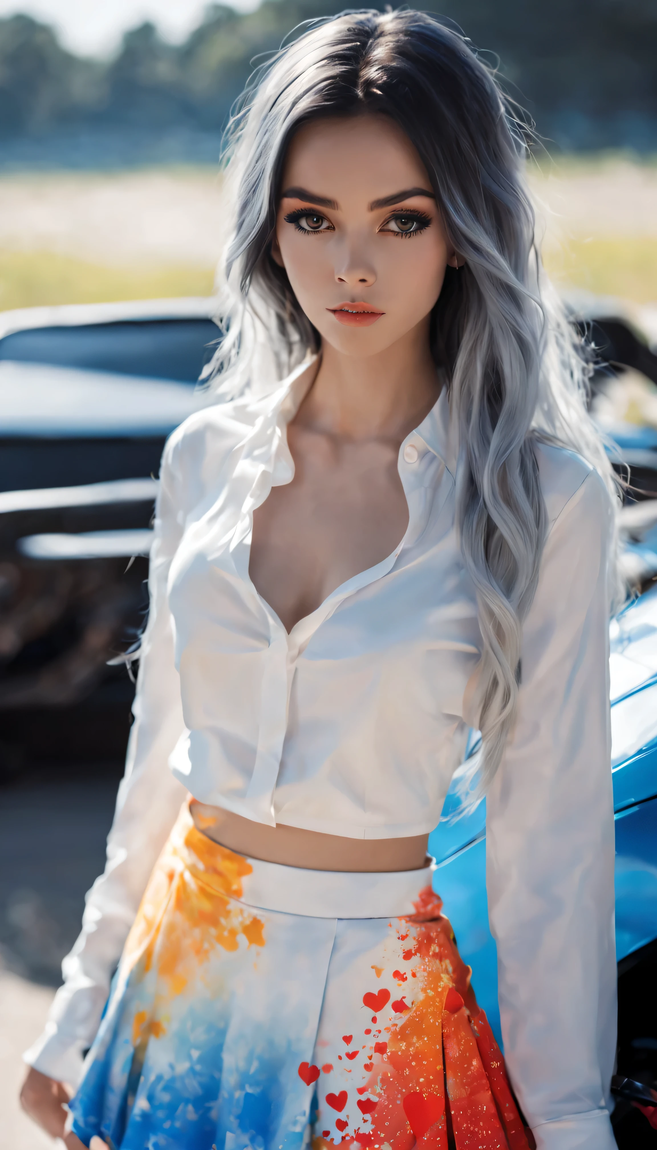 handsome girl,very handsome modest,long black and white hair with gradient,glowing sparks on her hair ,handsome girl in a white mini skirt with drawings of red hearts,short girl skirt with white patterns of orange hearts, she has a yellow blouse,she's in the blue and white cyber room, and in the cyber room there is a blue Lamborghini,girl leaning on the hood of a car, soft gentle light ,high skin detail,high quality 32k,Ultra HD 8K