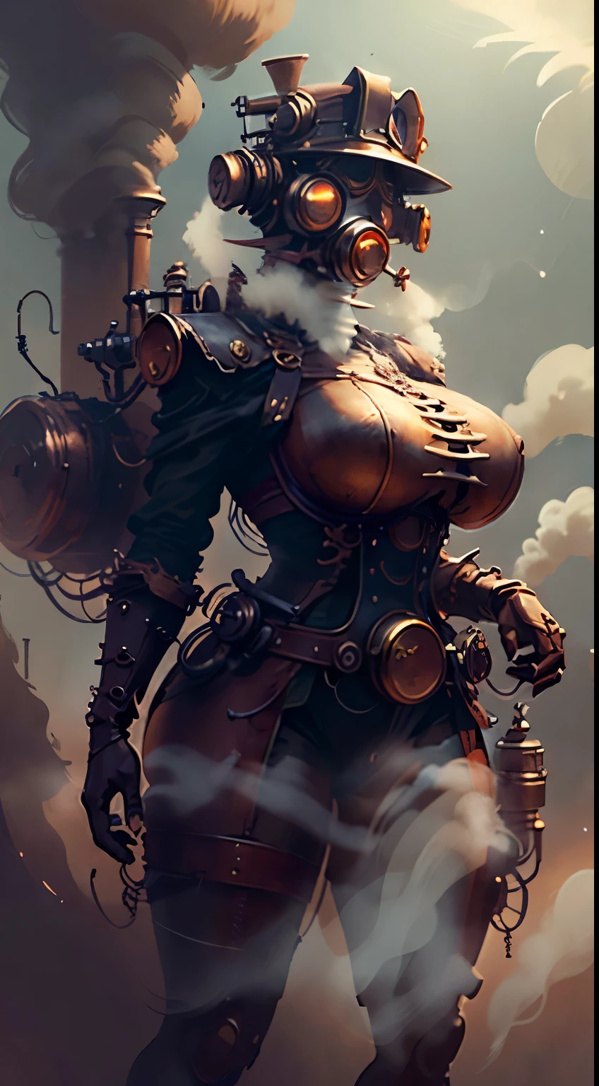 sexy french 1woman with a steam-powered dusky skin, with big breasts,Royal look,helmet,  sexy full body view top to bottom, standing in backview turning camera, random camera Angle,dark smoke fog background, detailed wild steampunk illustration, Portrait of a gold and copper woman,