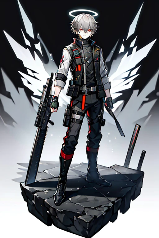 (masterpiece), best quality, solo, arknights design, arknights character, arknights style, arknights operator, toned body, Ash gray hair, white halo, sharp eyes, gray eyes, pale skin, medium height, dark, (vest, boots, pistol holster, pistol strap, combat knife), man, young man, boy, male, militant, holographic angular shaped wings, (ashes, black smoke from behind, black silence, night, dark background), orange yellowish lights, expressive eyes, grey eyes, ash grey hair, Pale white skin, (short hair, no facial hair, bangs), white halo, (Tactical Jacket/Vest, Fitted Utility Pants, Combat Boots, Fingerless Gloves, Utility Belt, knife holster, Tactical equipment), survival kit, handgun magazines, gun holster, Utility Pants, Natural Explorer, menacing glare, menacing smile, glare, menacing stare