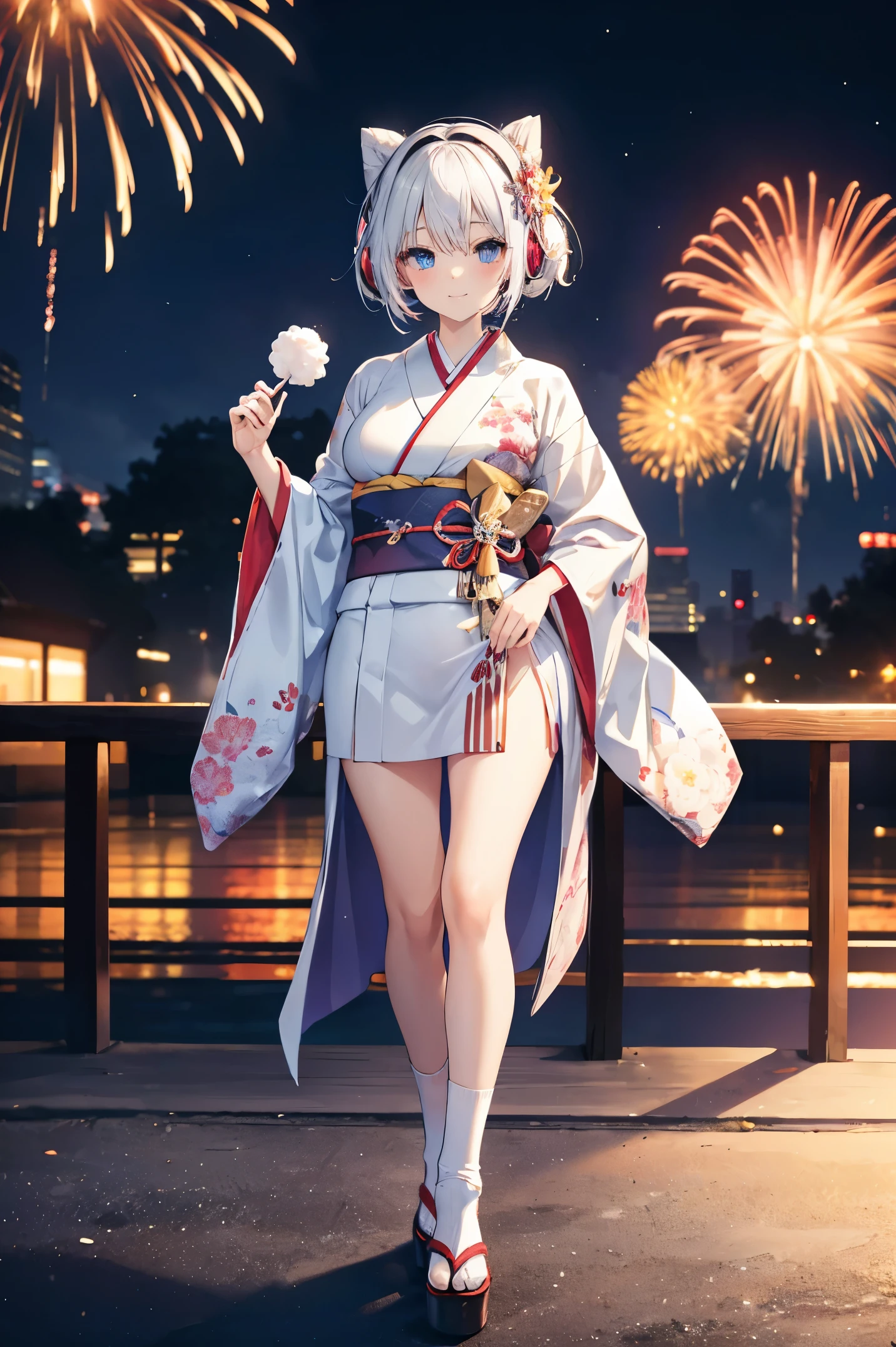"anime girl, 1 person, silver white hair mixed with black, blue eyes, wearing headphones, women's kimono, same kimono, big breasts, holding cotton candy, long socks, standing cross-legged, shy smile, festival, New Year's Eve fireworks, watch fireworks, solo(full HD Image 4K+)"