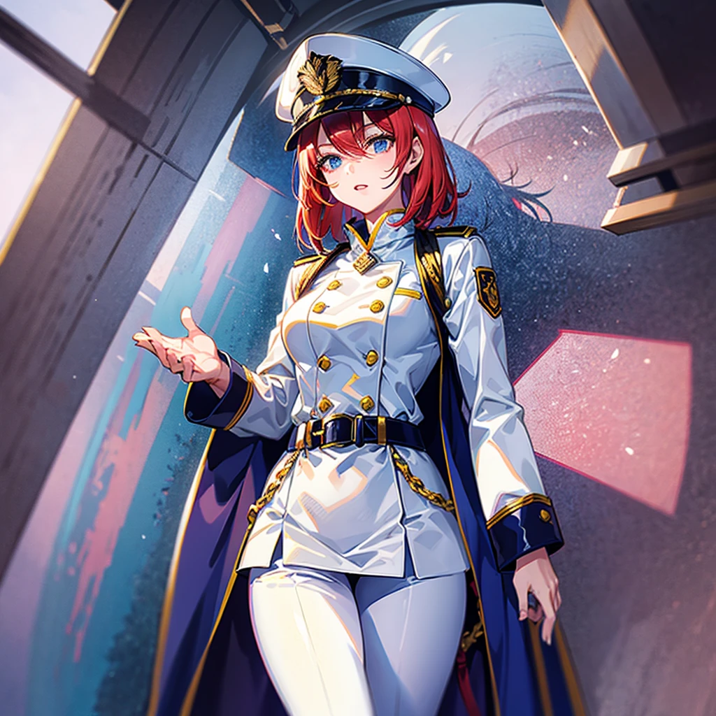 (((masterpiece)))、(((Top image quality)))、(((top-quality)))、(((highly detailed unity 8kwall-paper)))、(Illustration of one woman)、30-years old、(Viceroy)、((Red-haired shorthair))、(Thin hair hanging down both sides of the face)、Blue eyes、((Tall))、((Muscle Woman、stocky build、muscular legs、broad shoulders、solid chest))、((Military uniforms))、((Military Cap))、((Military coat))、(white clothes)、(White pants)、(White cap)、trench coat、((Inside the spaceship))、(The universe outside the window、Earth seen from space)