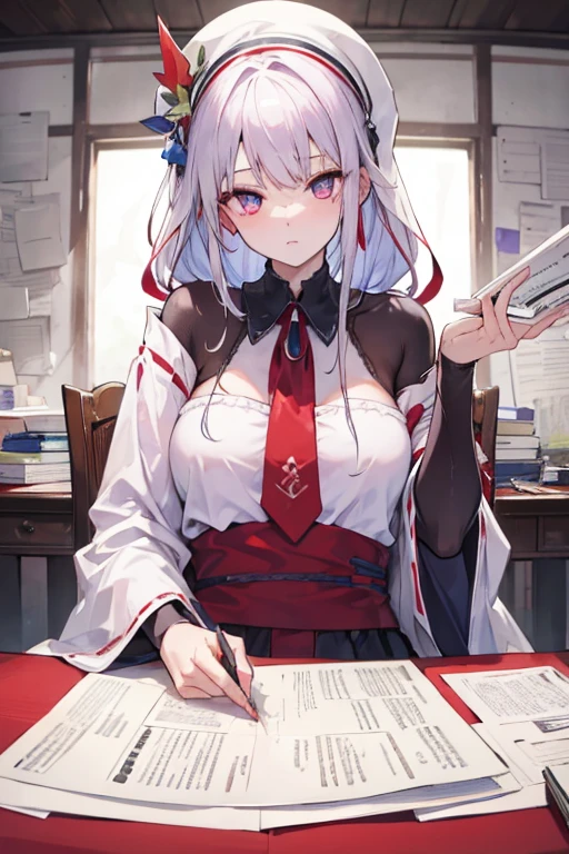 A white haried man with ruby eyes is sitting at a desk with a pile of paper work