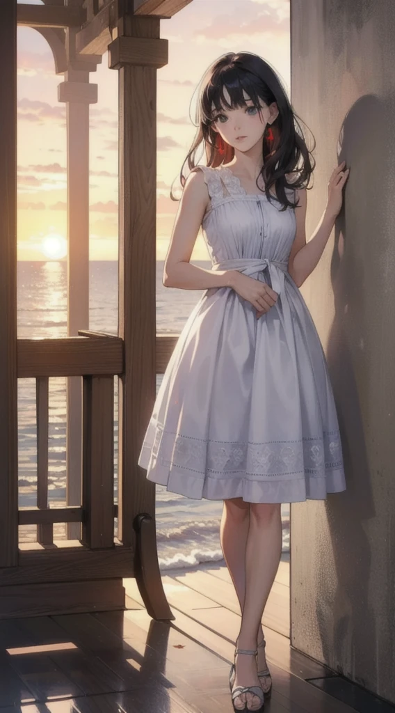 (Best Quality,4K,High resolution), 18yo woman, Cool appearance，Red-black mesh hair, long, straight haired, ，Delicately drawn illustrations down to the smallest detail, Realistic portrayal,outside of house，the setting sun，Background，Standing on the beach，bare-legged，A refreshing morning，glimmering light，sideways Facing，Turn your face to the side，Fixing his gaze on the sea，Eyes looking into the distance，Look away，Cold eyes，stroll，Refreshing colors，White sleeveless，long-one-piece dress，Oversize，cute little，Cool Woman，strollの風景，End of summer，Despressing