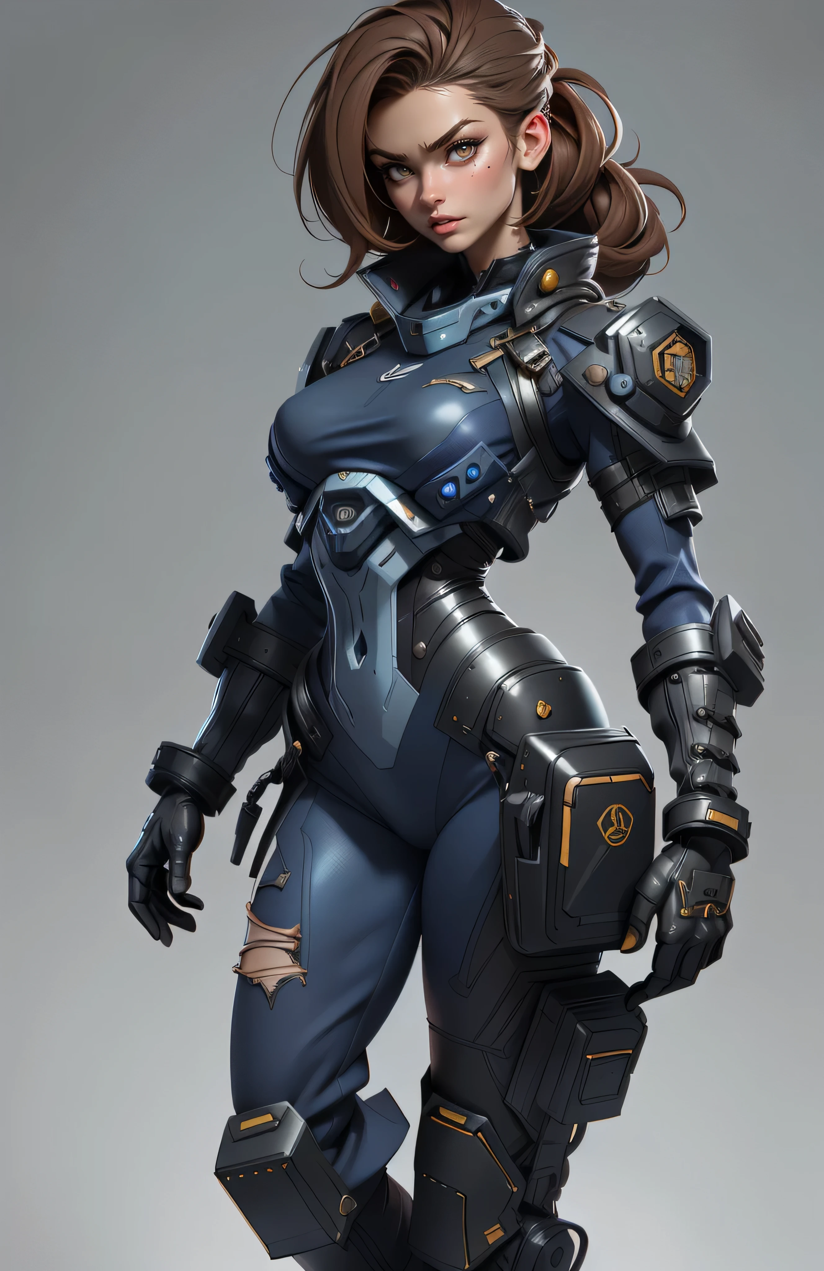 11:23(((Best quality at best: 1.4))),(无与伦比的tmasterpiece), (hyper HD),(Hyper-realistic 8k CG)、(dark colored hair) ((( body))), (((1 girl in))), 25-year-old American soldier with perfect body,,Beautiful and well-groomed face,muscular body:1.2,Solid royal blue jacket with details, (Pictures from head to thighs), Complex equipment, royal blue,long trousers,The clothes inside are dark,Clothes with armored metal electronic parts, Poison tattoos ),Gorgeous and fearless female warrior, fit and muscular body, military shirt, bshoulders, dark gold hair, tattooed arms, Full detail on the face, Killing eyes, high detal, actual, Photoquality, high high quality, (photoactual:1.4), The content is very detailed, tmasterpiece, high high quality阴影,