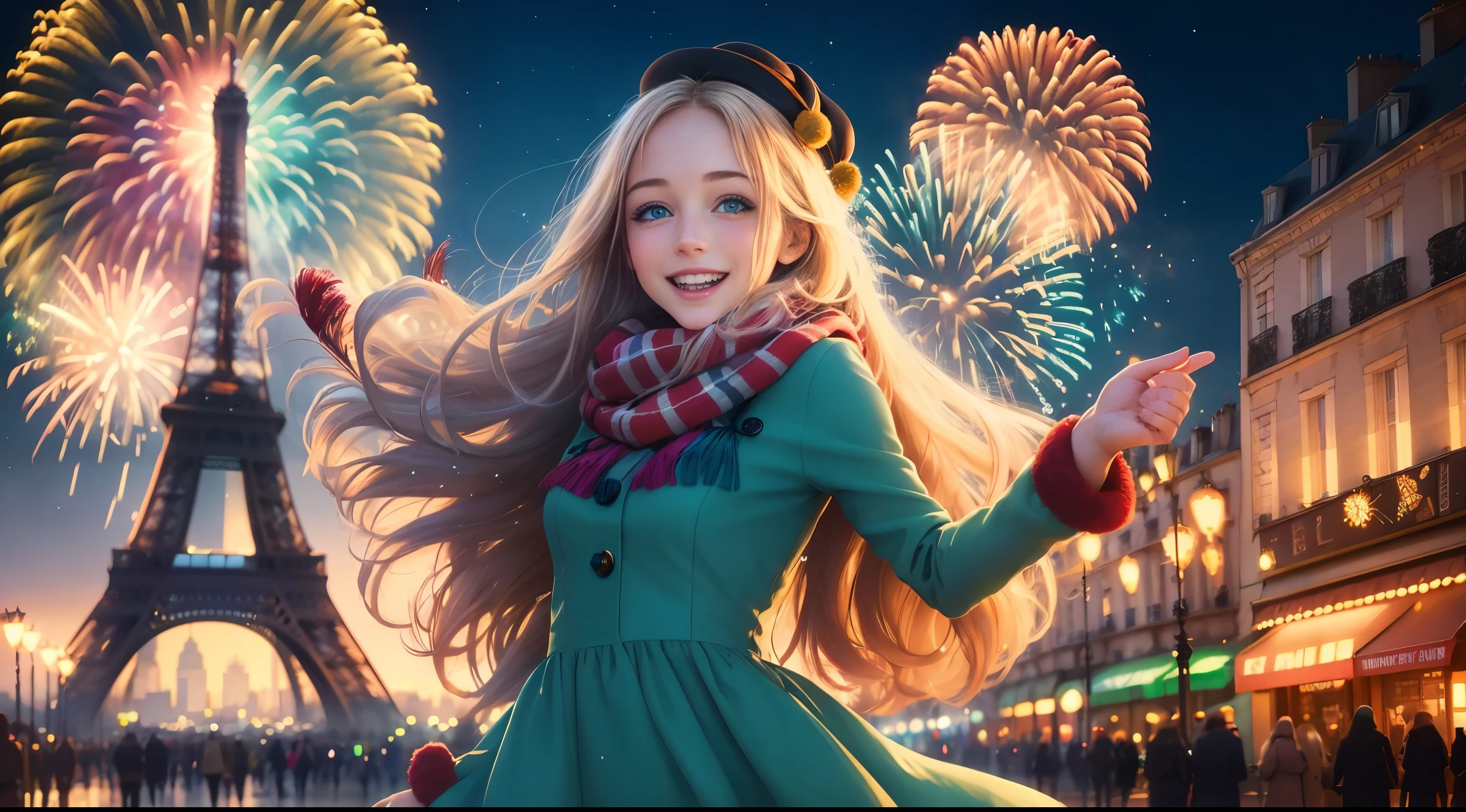 best quality,highres,(realistic:1.37),anime,blue-green eyes,girl,Paris,Eiffel Tower,fireworks,cute dress,long hair,city lights,night scene,celebration,vibrant colors,colorful sky,sparkling,joyful atmosphere,romantic ambience,festive mood,winter, cold weather,happy expression,smiling face,excitement,positive energy,artistic illustration