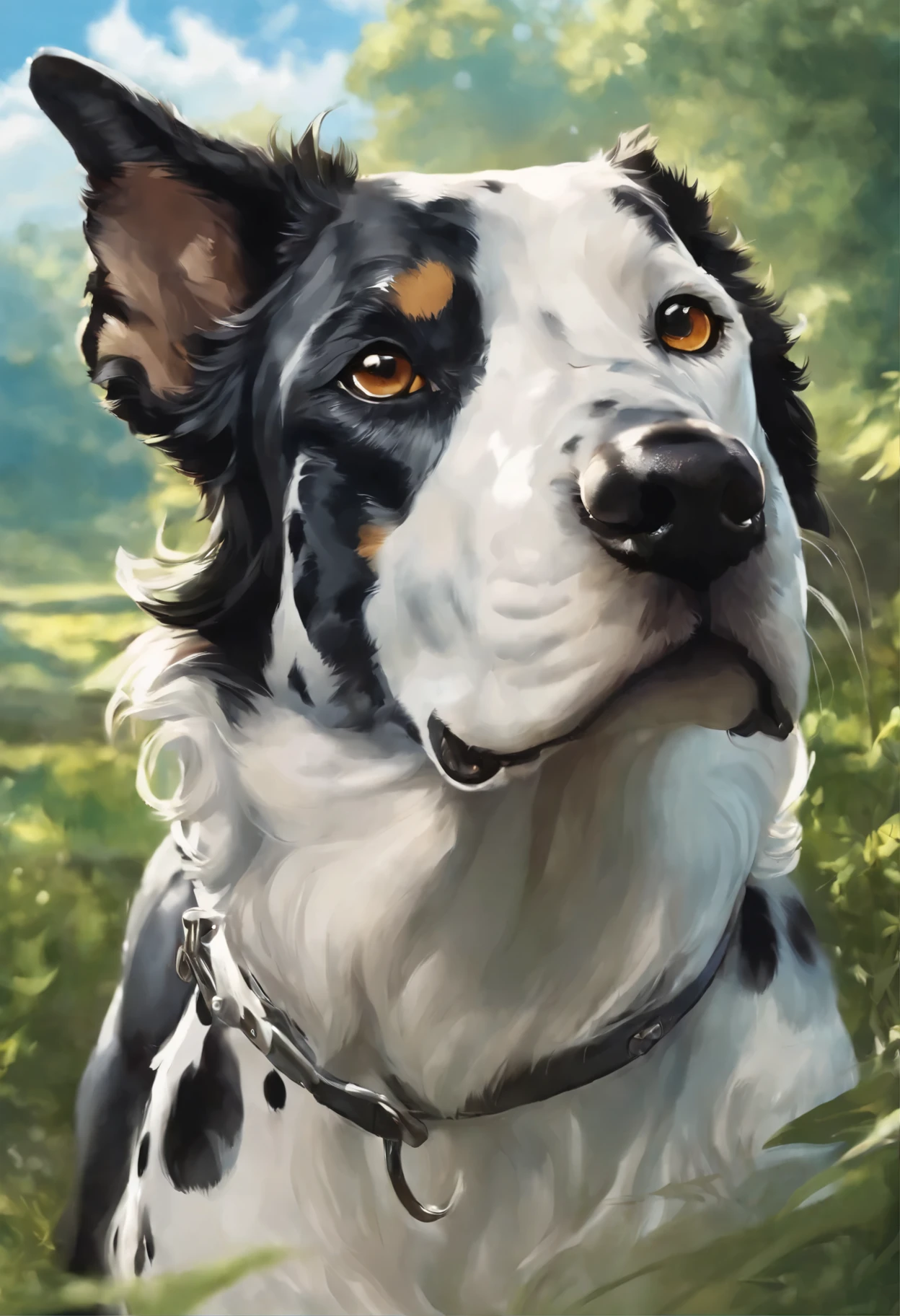 close-up of a dog of the German breed DRG, merle color (white with black spots) runs to race with the clouds, Great Dane runs to race against the clouds, fluffy clouds, casimir art, illustration of shigenori soejima, boris valejo. Smiling Great Dane dog, Detailed drawing of an anime character, подробный anime key figure, Granblue Fantasy, Beautiful owl in demon slayer art, Taisho Roman, A clear portrait of an RPG, Masamune Shiro, anime key figure