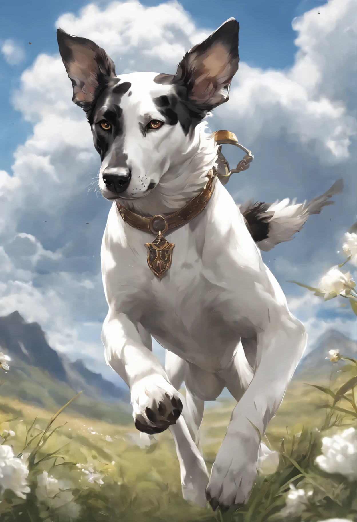 close-up of a dog of the German breed DRG, merle color (white with black spots) runs to race with the clouds, Great Dane runs to race against the clouds, fluffy clouds, casimir art, illustration of shigenori soejima, boris valejo. Smiling Great Dane dog, Detailed drawing of an anime character, подробный anime key figure, Granblue Fantasy, Beautiful owl in demon slayer art, Taisho Roman, A clear portrait of an RPG, Masamune Shiro, anime key figure